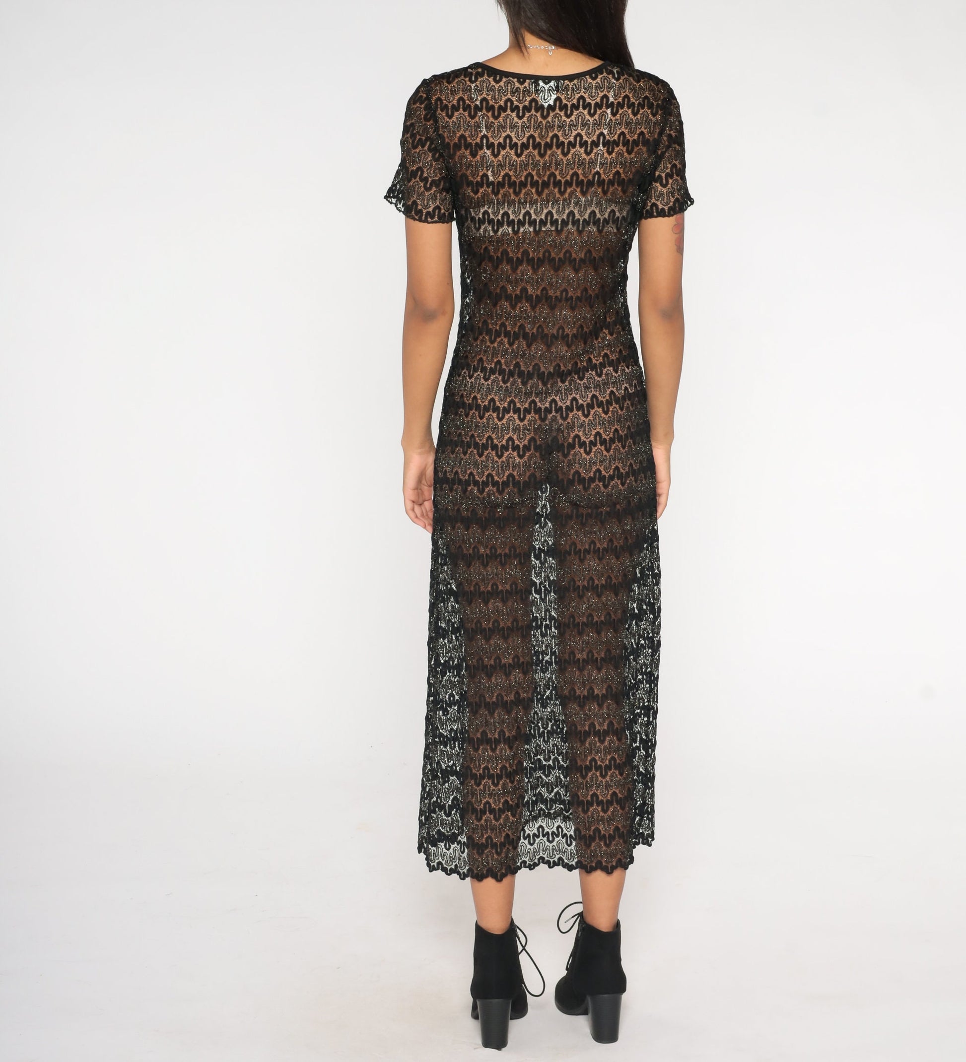 90s Black Metallic Lace Maxi Dress Short Sleeve Sheer Ankle Length Small