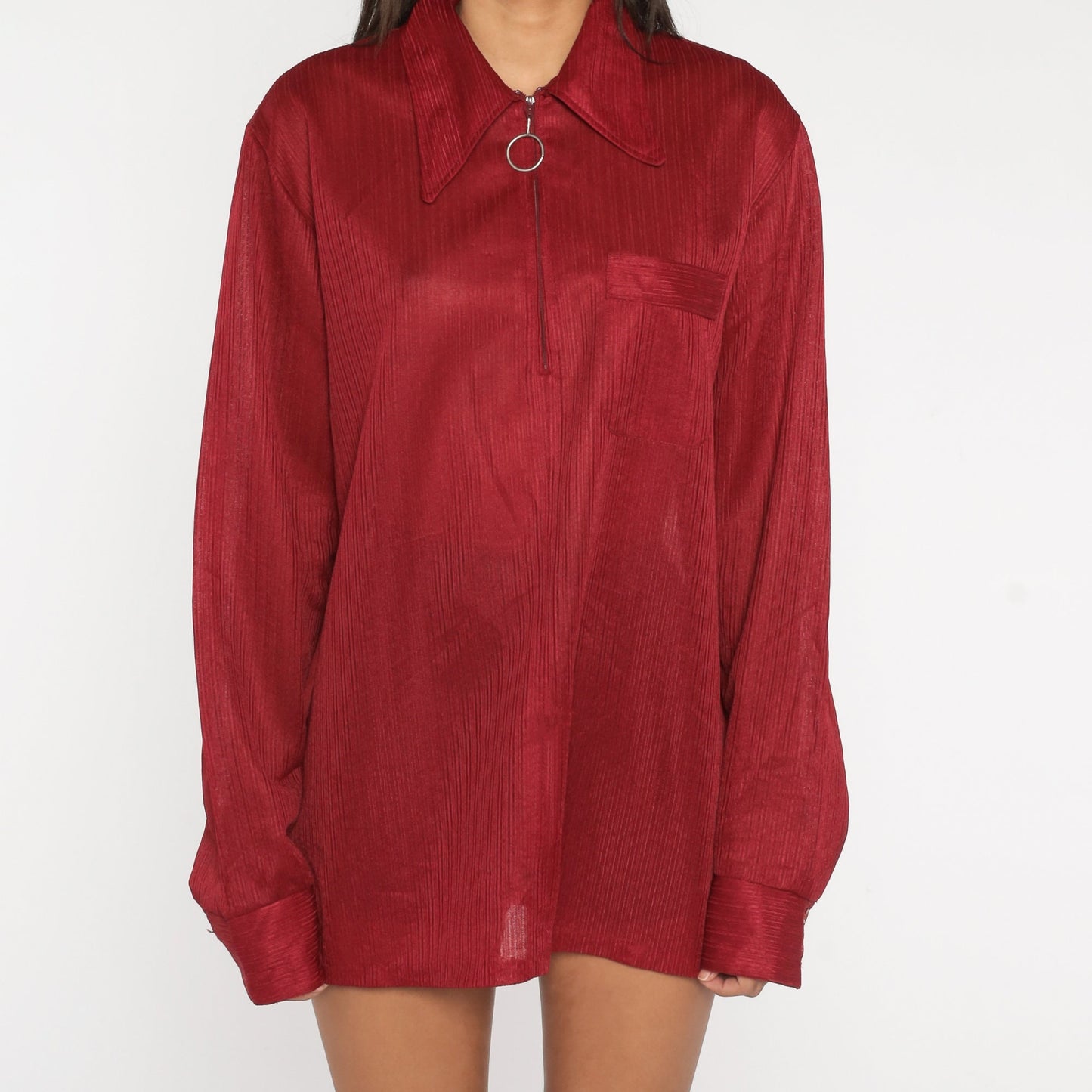 70s Burgundy Ring Pull Zip Shirt Dagger Collar Long Sleeve Extra Large