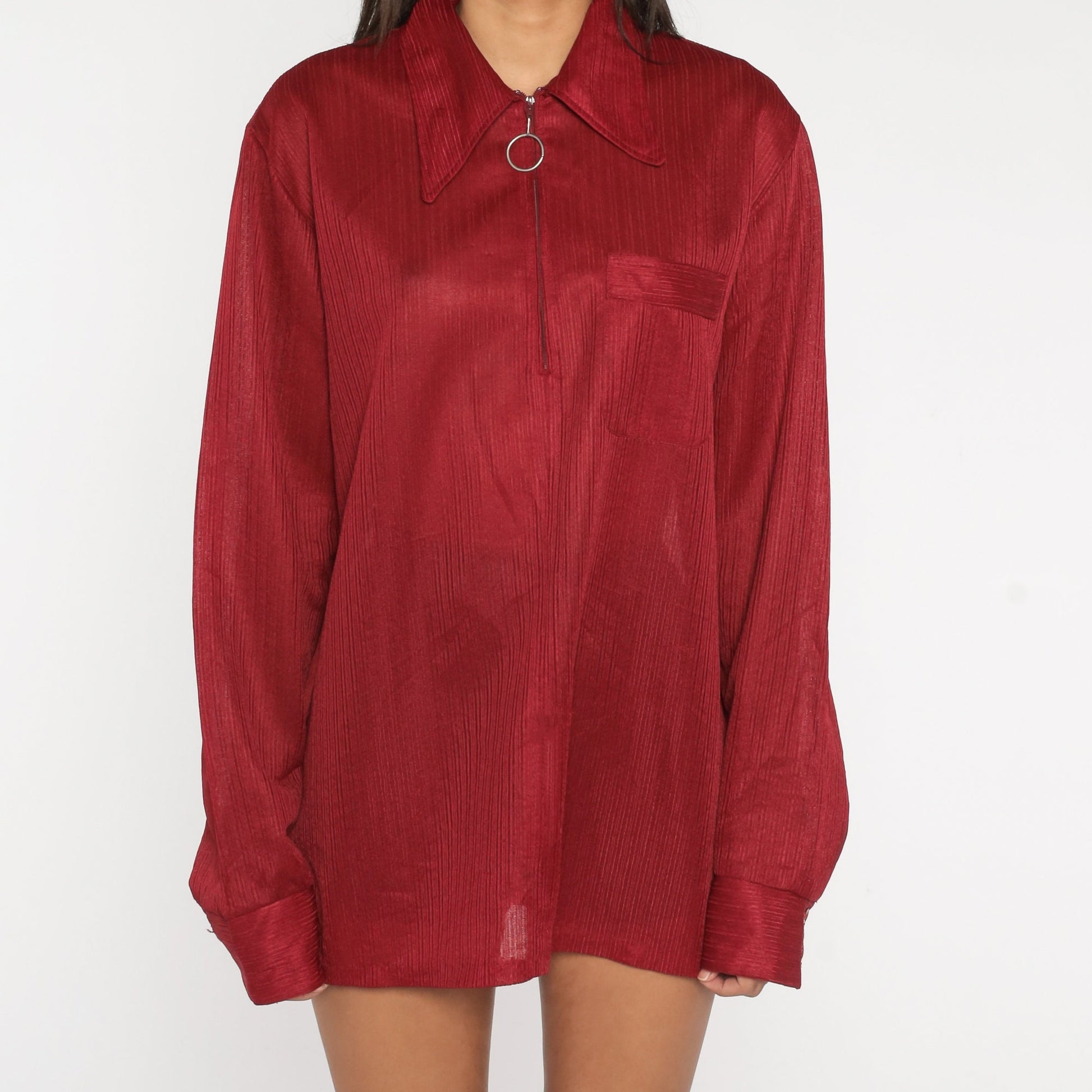 70s Burgundy Ring Pull Zip Shirt Dagger Collar Long Sleeve Extra Large