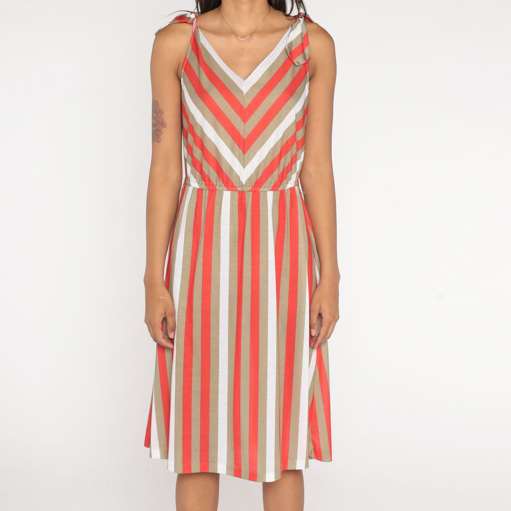 80s Striped Sundress Red Taupe White Sleeveless High Waist Tie Shoulder Small