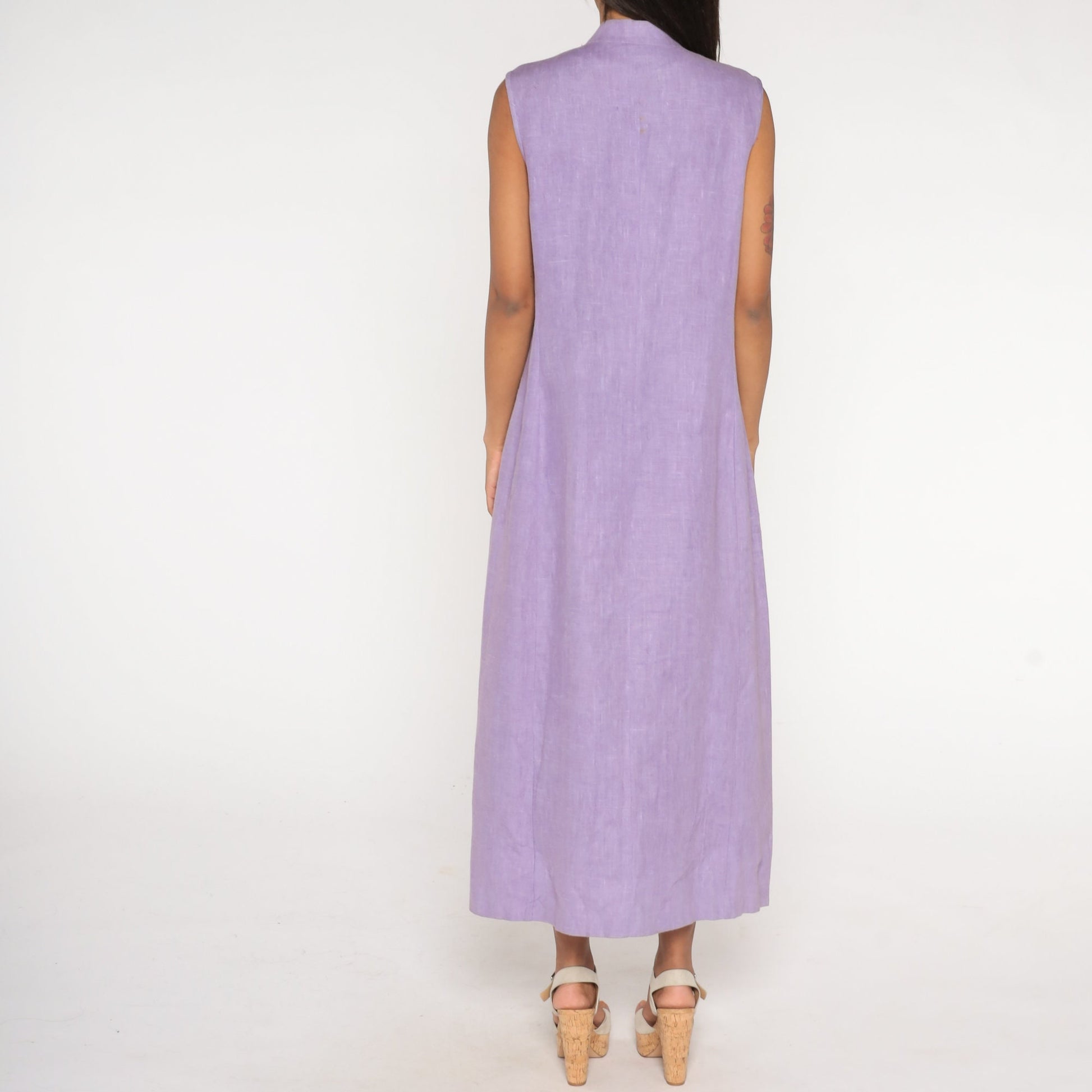 90s Harvey Benard Lavender Linen Maxi Dress Floral Embroidery Mandarin Collar Large