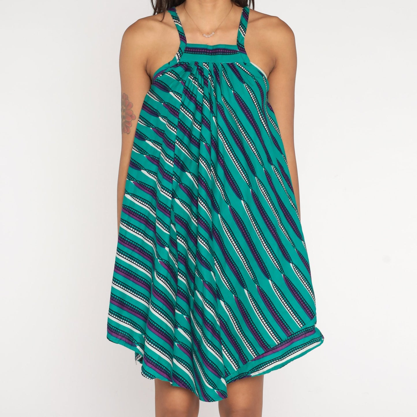 90s Turquoise Purple Striped Cotton Mini Sundress Tank Hanky Hem XXS