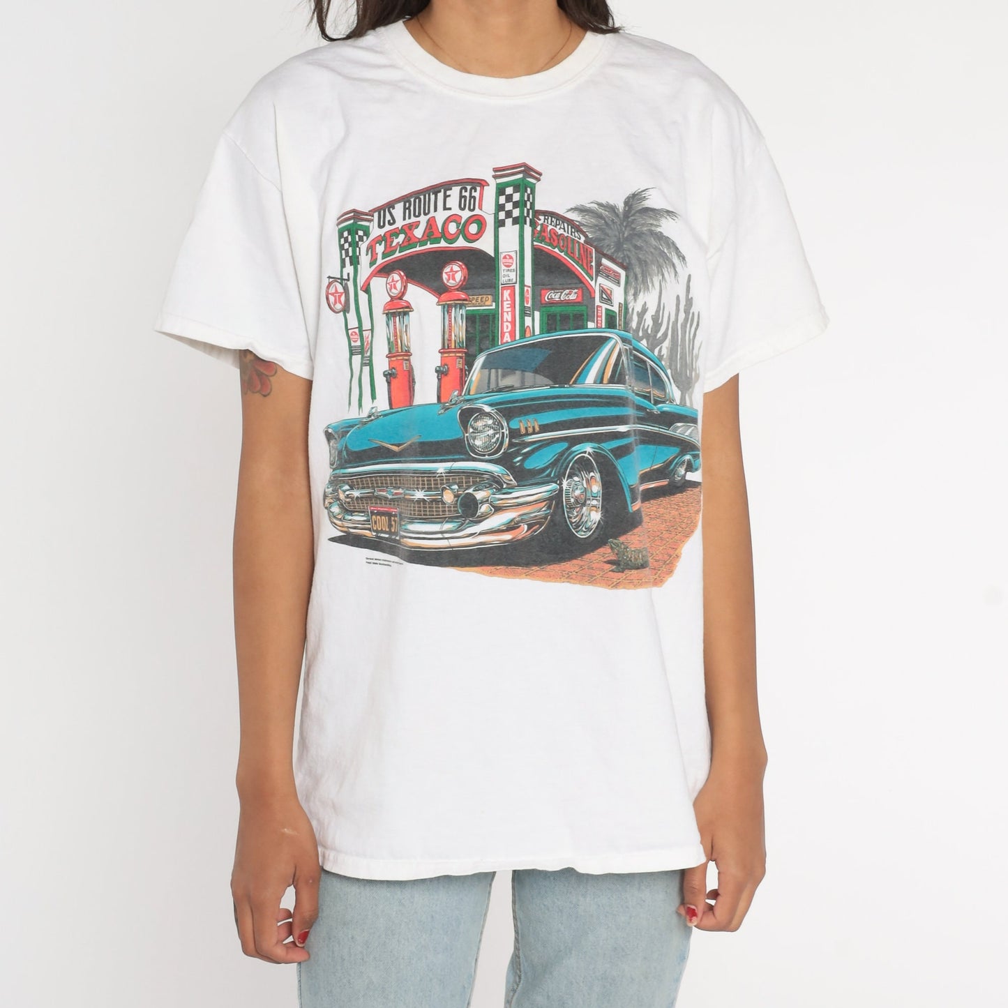 Y2K Route 66 Texaco Classic Car Graphic T-Shirt White Cotton Large L