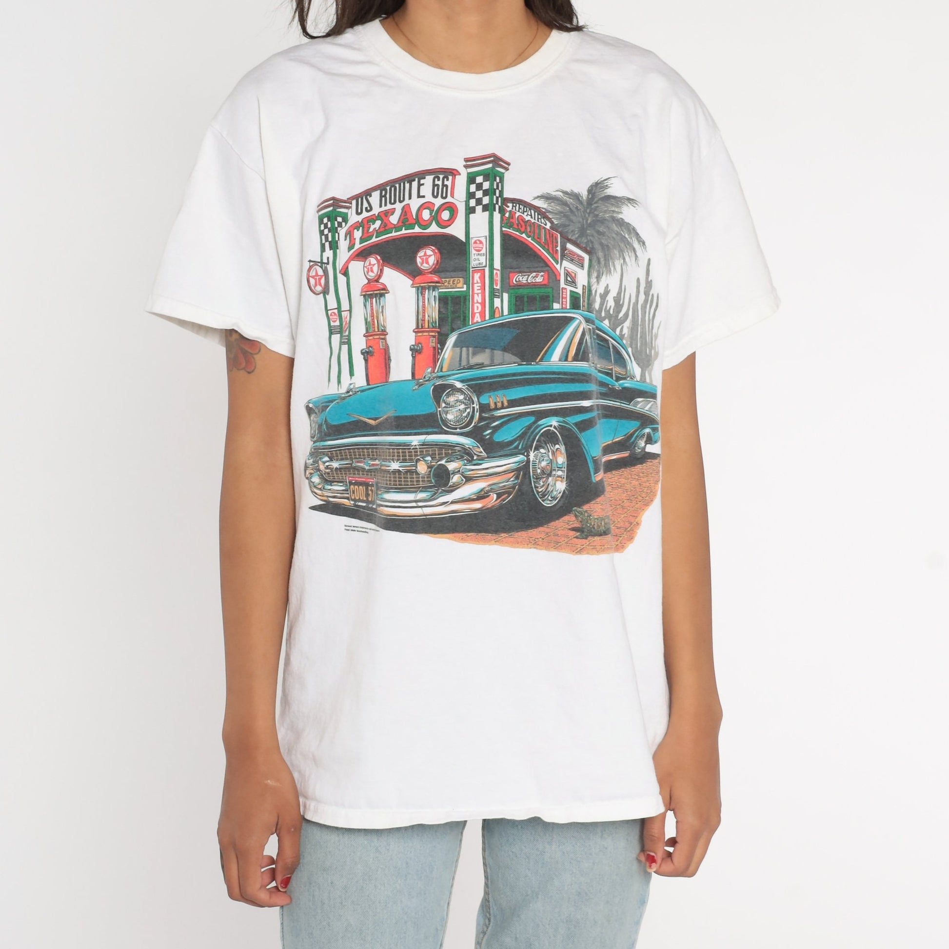Y2K Route 66 Texaco Classic Car Graphic T-Shirt White Cotton Large L