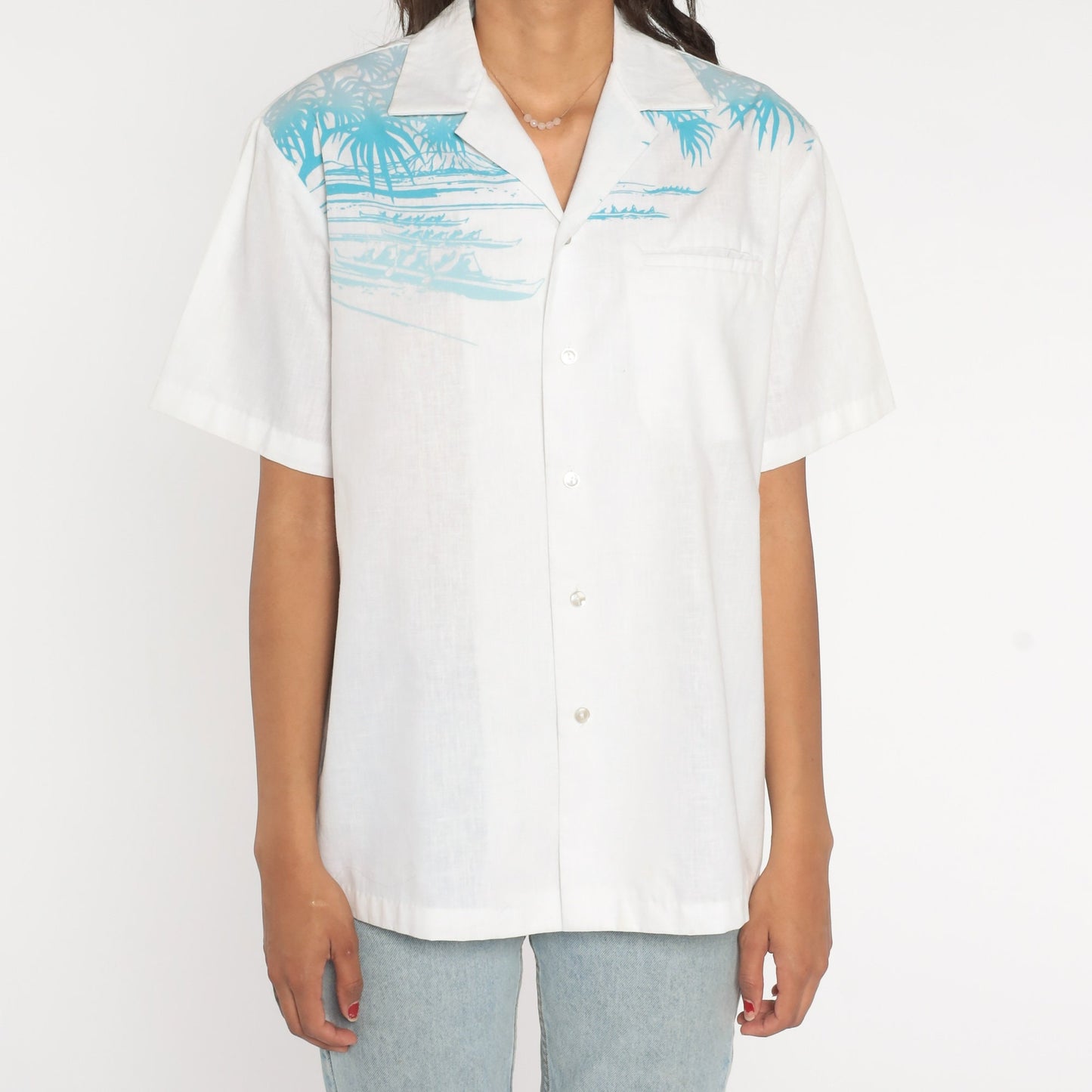 90s Iolani Hawaiian Outrigger Shirt White Button Up Tropical Print Medium