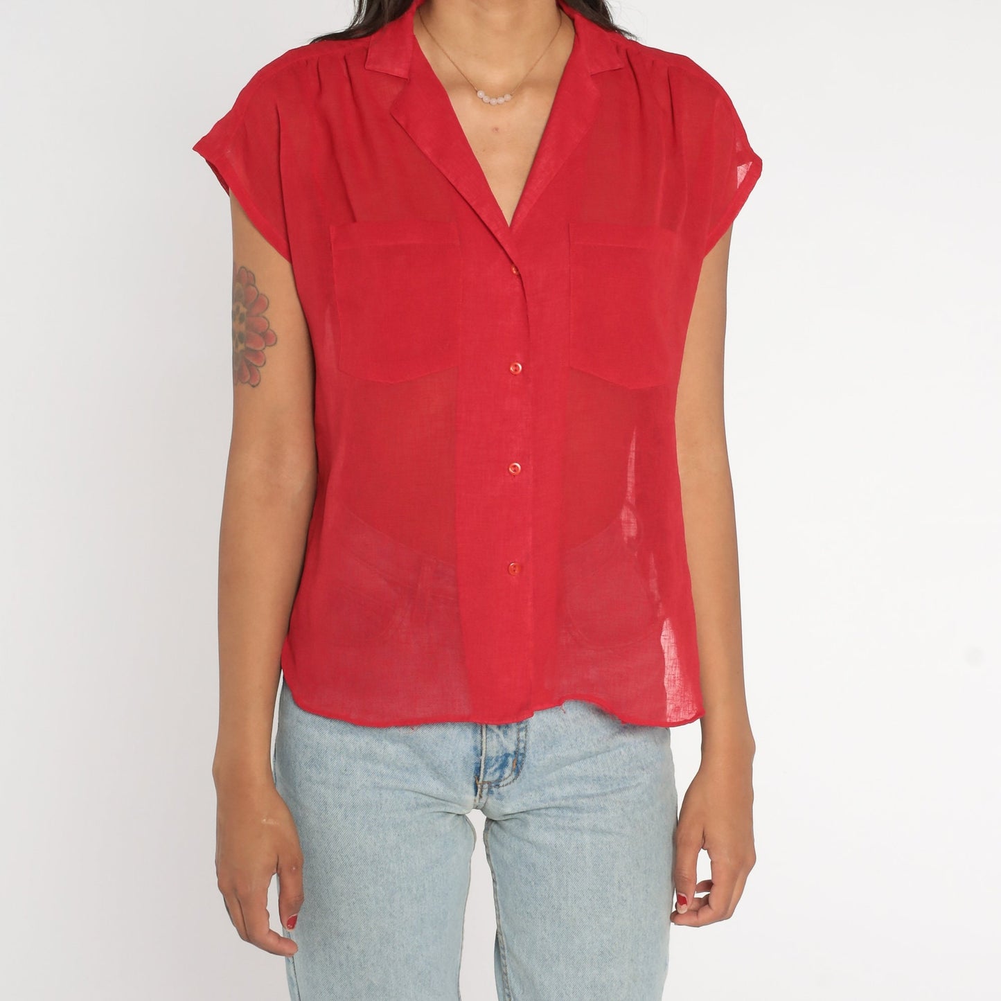 80s Red Sheer Button-Up Blouse Cap Sleeve Collared Shirt Medium
