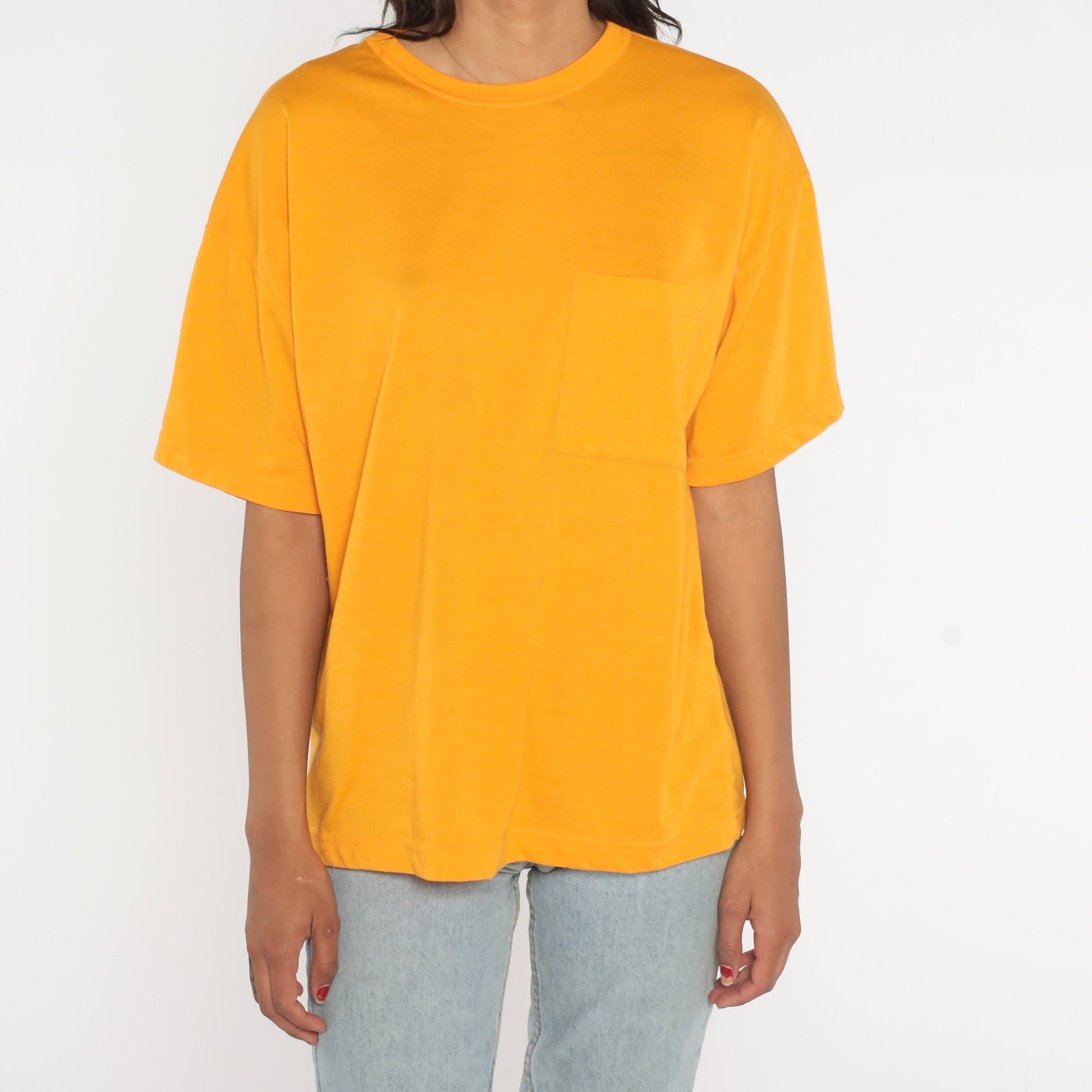 90s Yellow Pocket T-Shirt Cotton Blend Plain Tee Large L