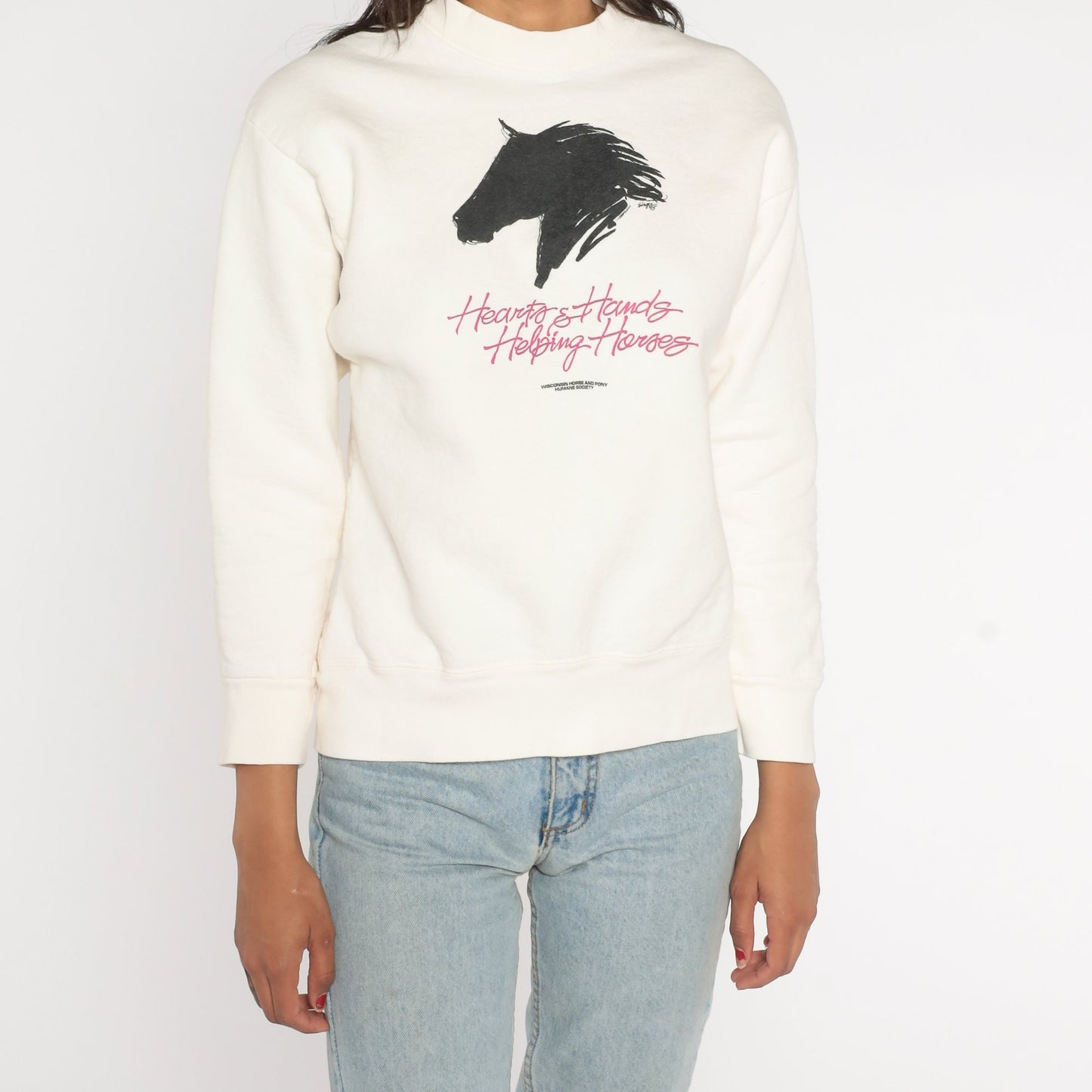 90s Hearts Hands Helping Horses Wisconsin Sweatshirt White Mock Neck Small