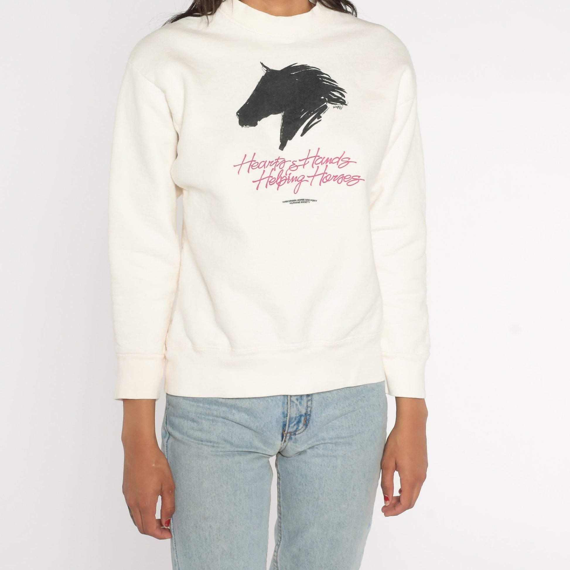 90s Hearts Hands Helping Horses Wisconsin Sweatshirt White Mock Neck Small