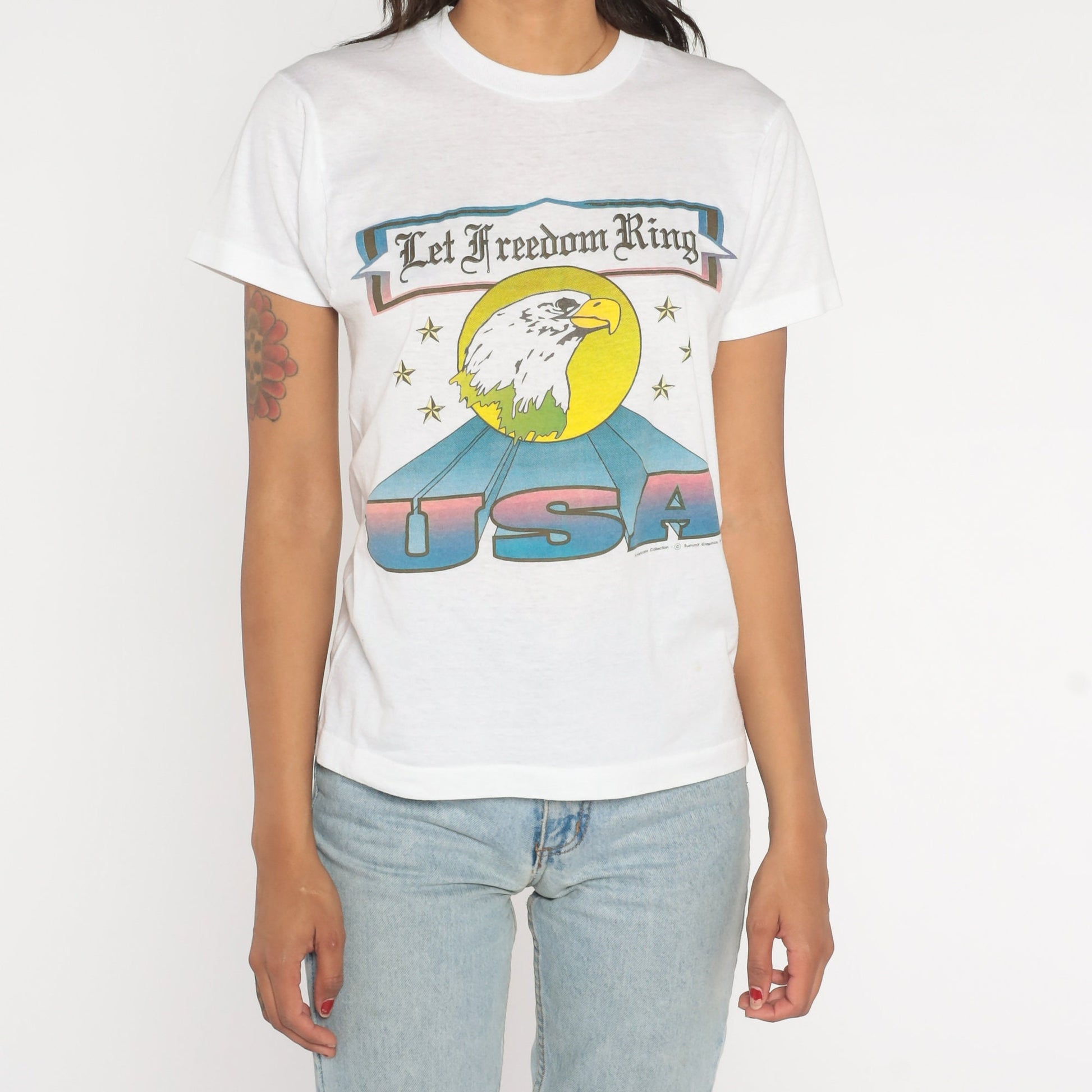 90s USA Bald Eagle Let Freedom Ring Patriotic Graphic Tee White Small