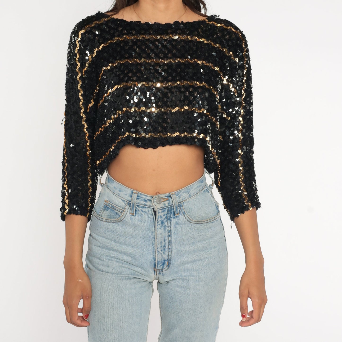 80s Black Gold Sequin Crop Top Long Dolman Sleeve Striped Blouse Medium