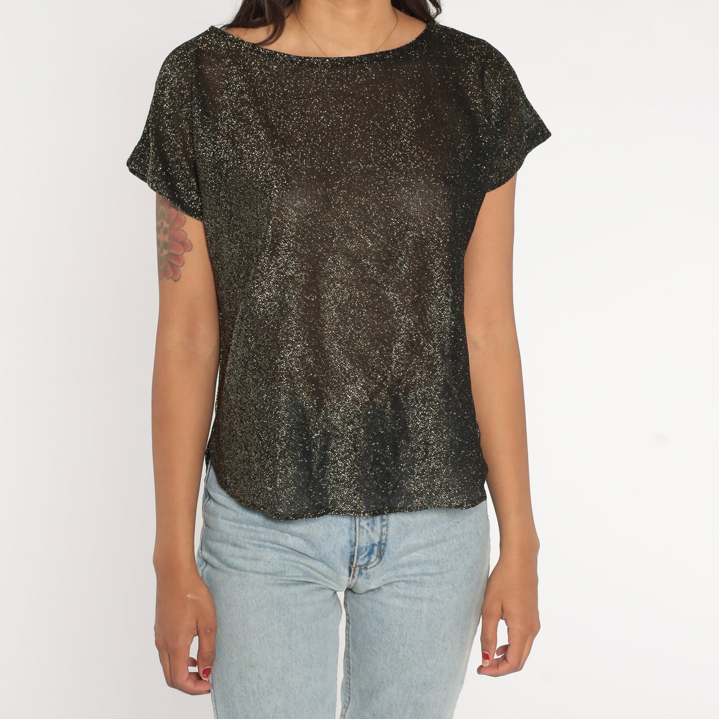 90s Metallic Black Gold Sparkly Blouse Short Sleeve Medium
