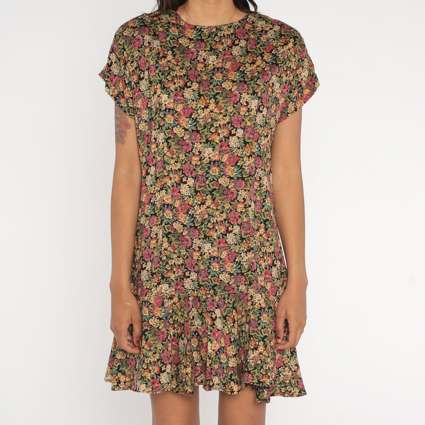 90s Floral Mini Dress Drop Waist Ruffle Short Sleeve Pink Green Large L