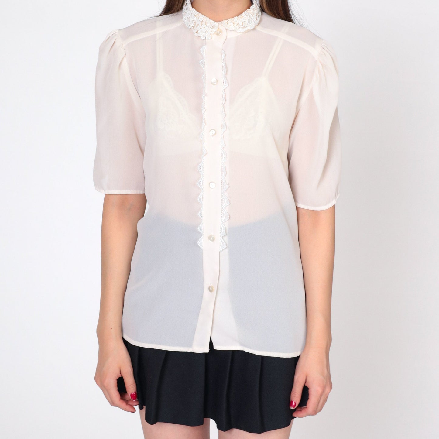 80s White Puff Sleeve Blouse Lace Collar Button-Up Short Sleeve Medium
