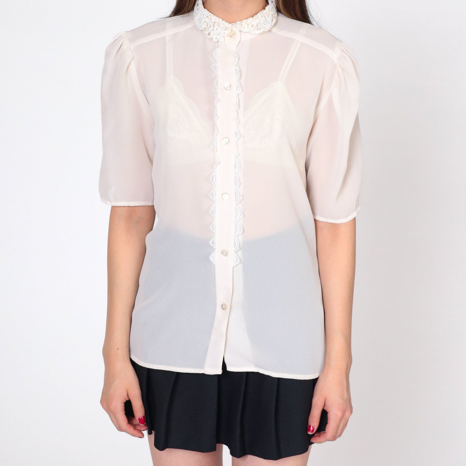 80s White Puff Sleeve Blouse Lace Collar Button-Up Short Sleeve Medium
