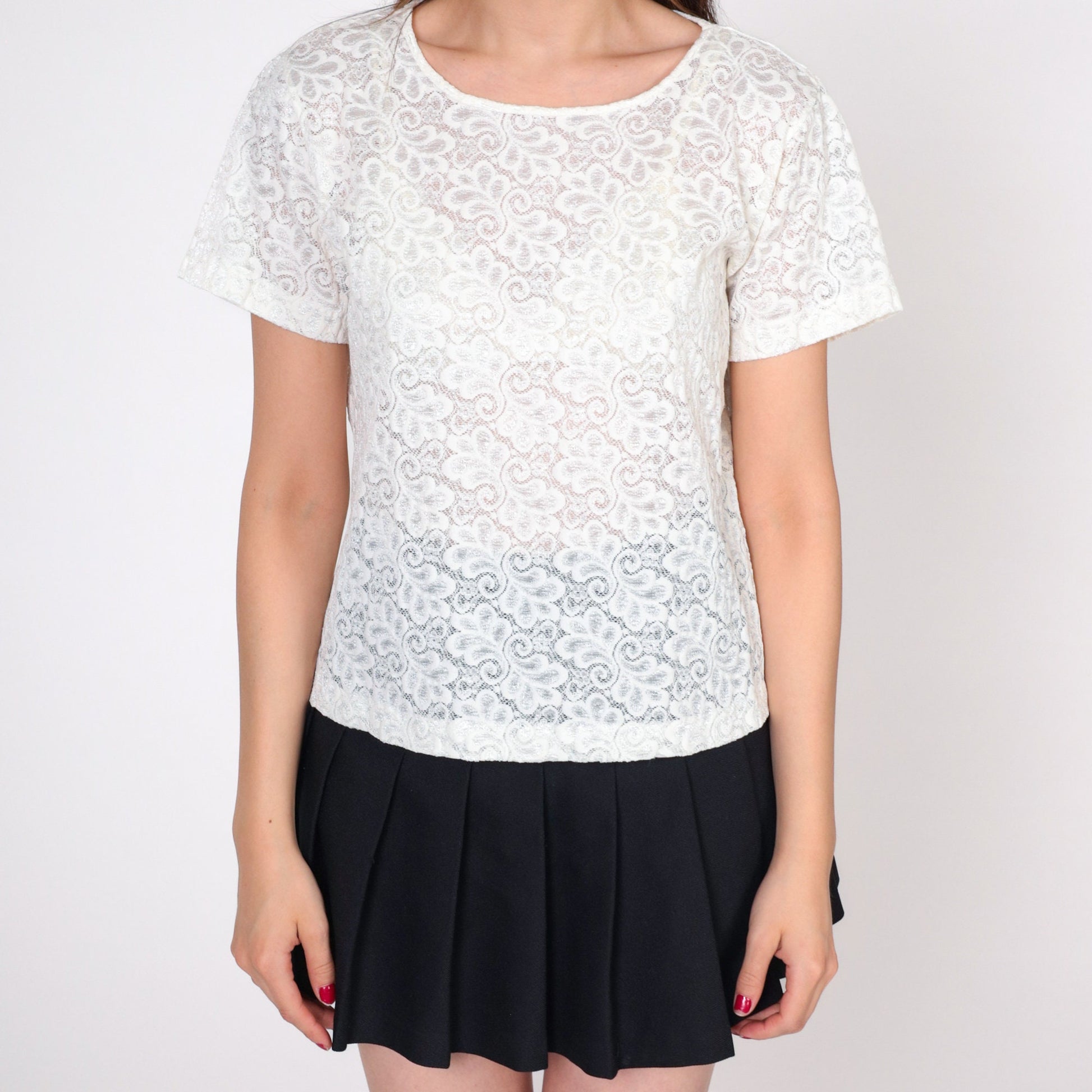 90s White Lace Blouse Sheer Short Sleeve Cotton Top Medium