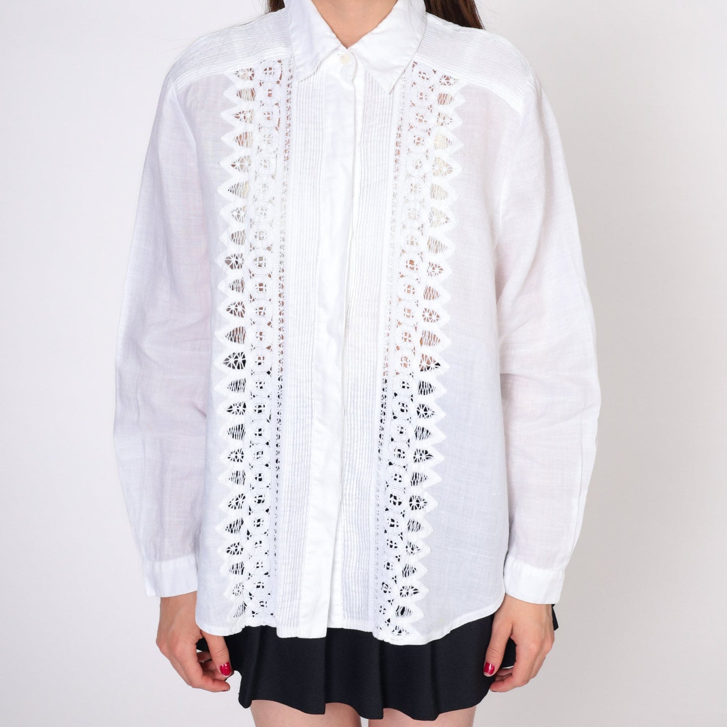 90s White Lace Cutout Button-Up Blouse Long Sleeve Extra Large