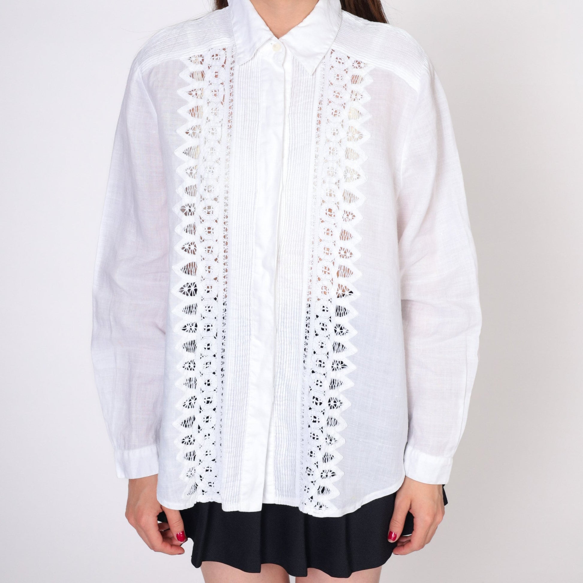 90s White Lace Cutout Button-Up Blouse Long Sleeve Extra Large