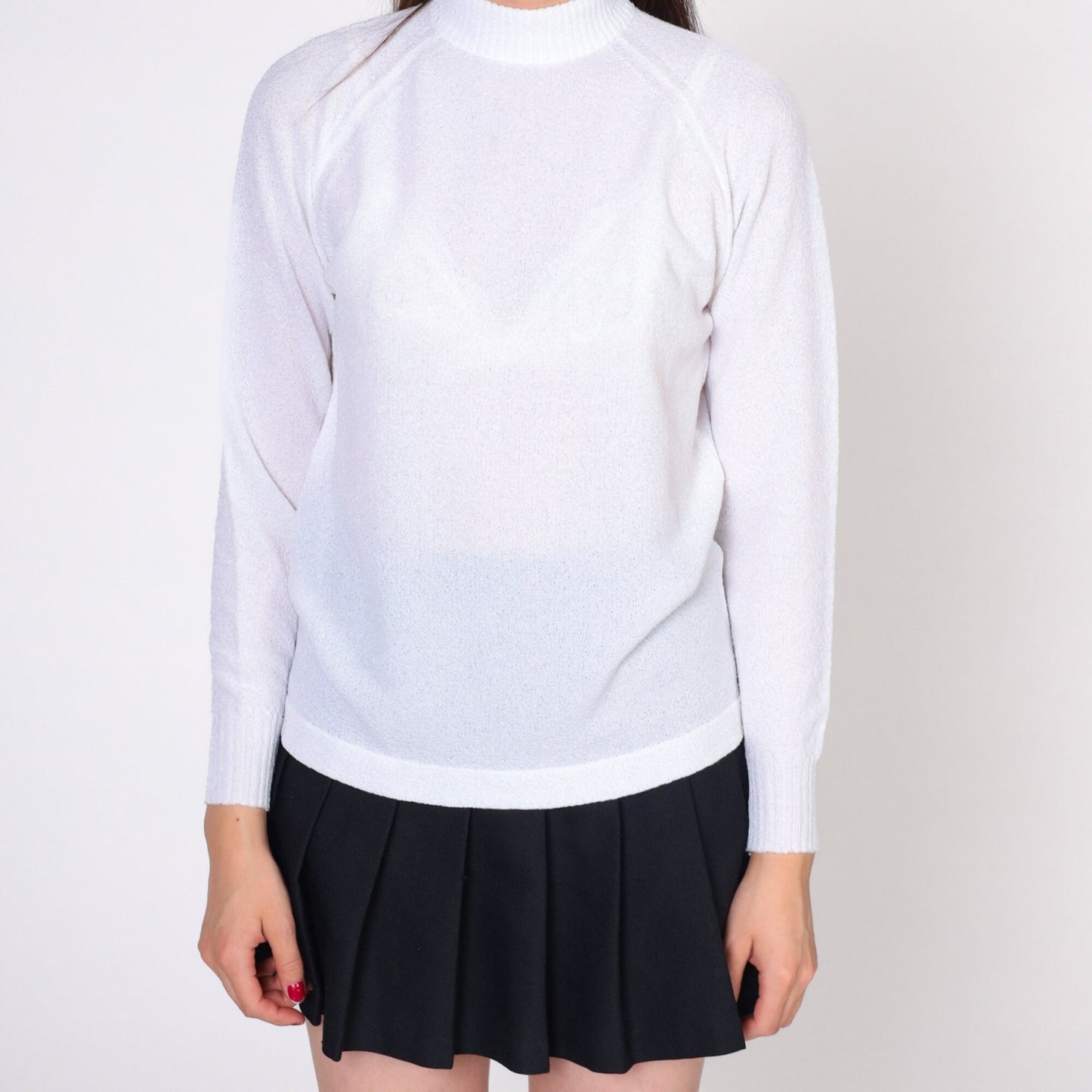 70s Talbott Traveler White Mock Neck Blouse Raglan Sleeve Small