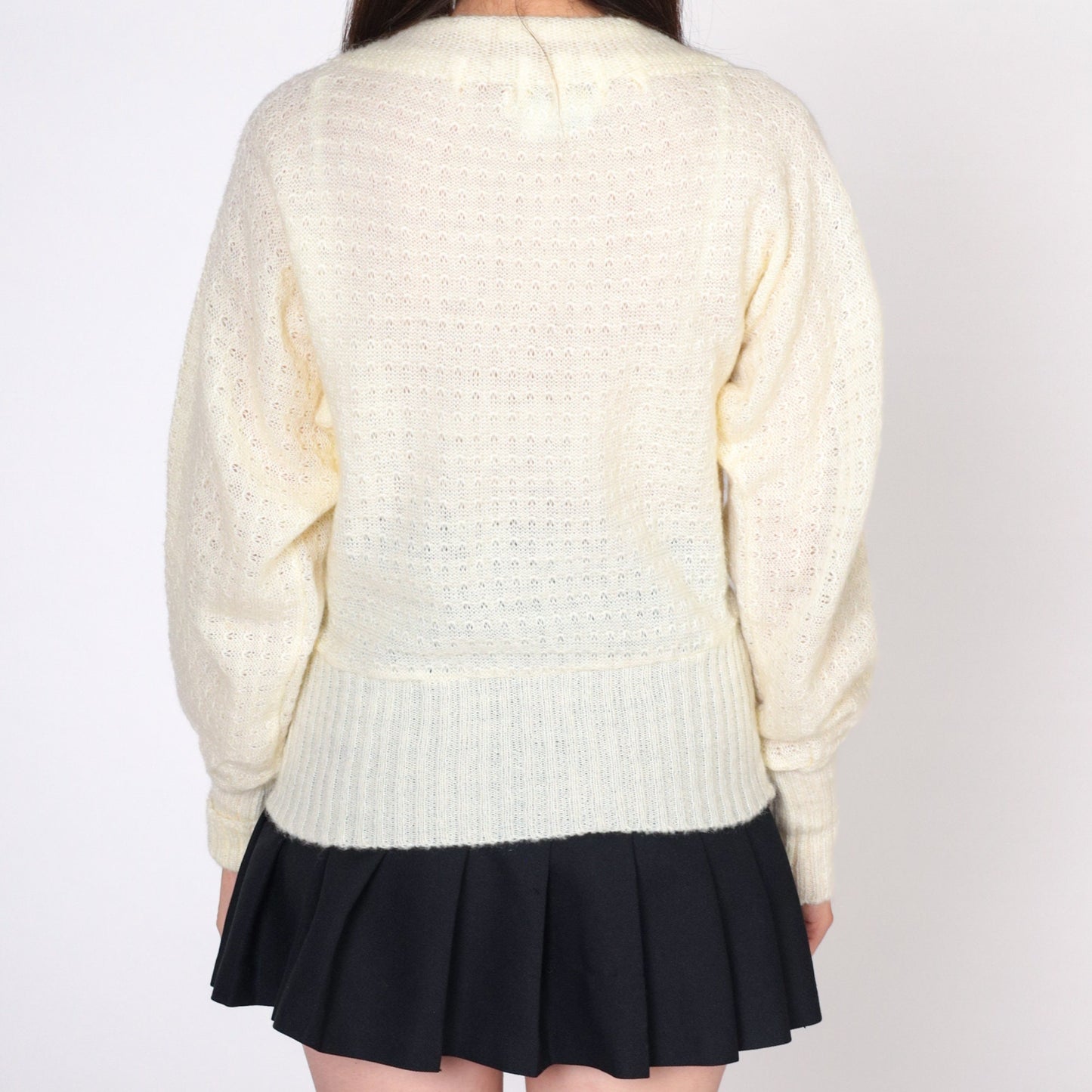 80s Cream Pointelle Knit Sweater Bow Neck Cutout Small