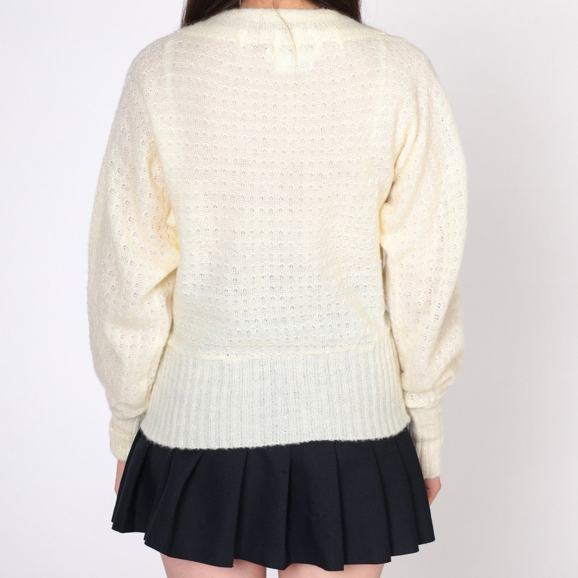 80s Cream Pointelle Knit Sweater Bow Neck Cutout Small