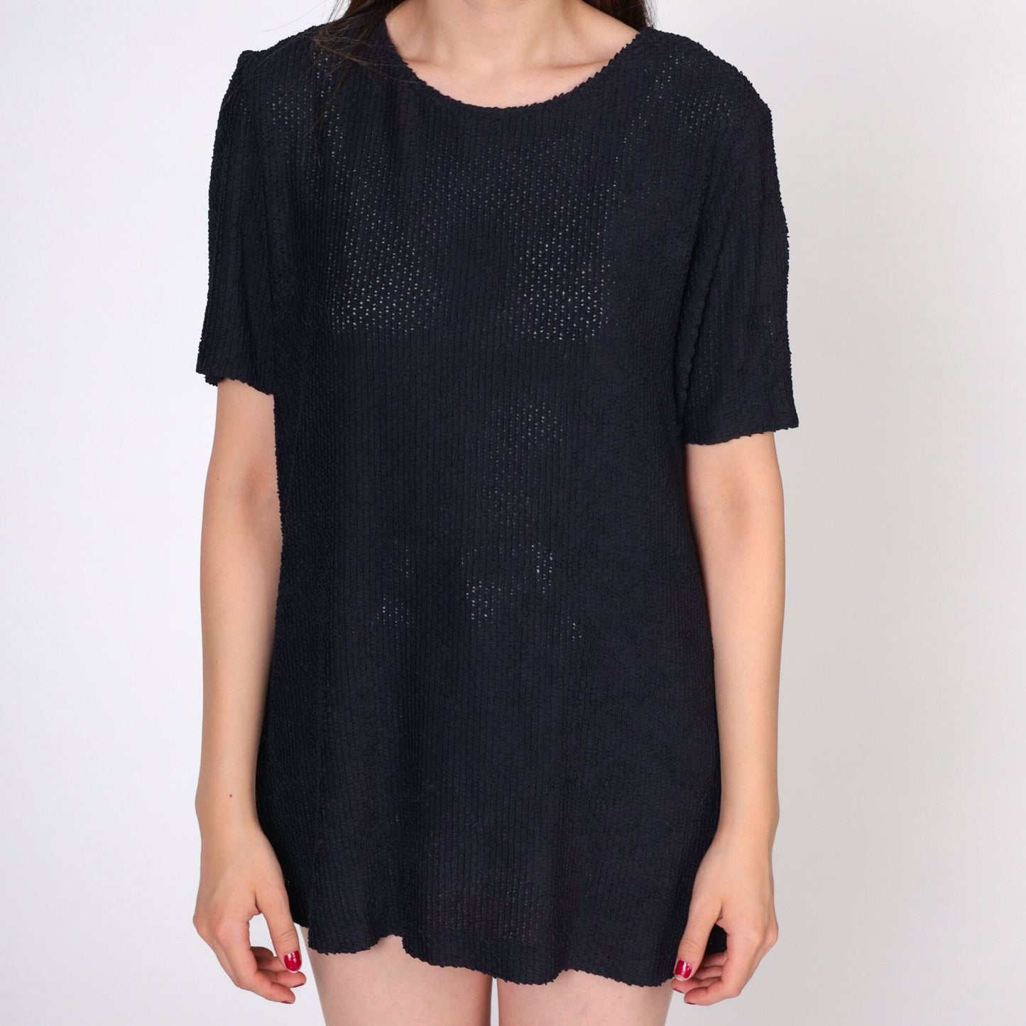 90s Black Sheer T-Shirt Textured Crewneck Short Sleeve Medium