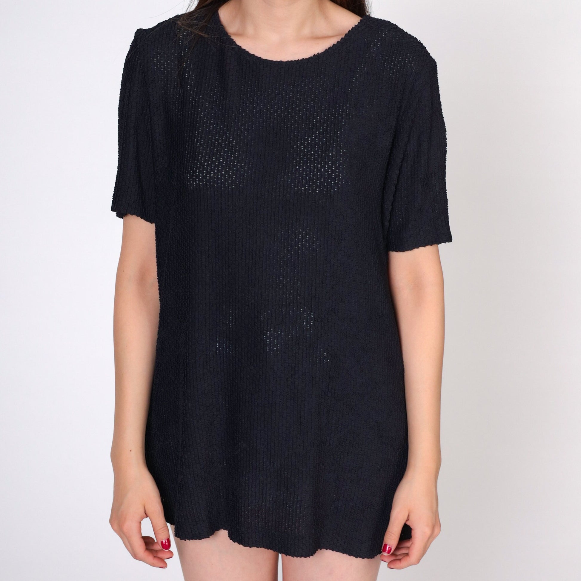90s Black Sheer T-Shirt Textured Crewneck Short Sleeve Medium
