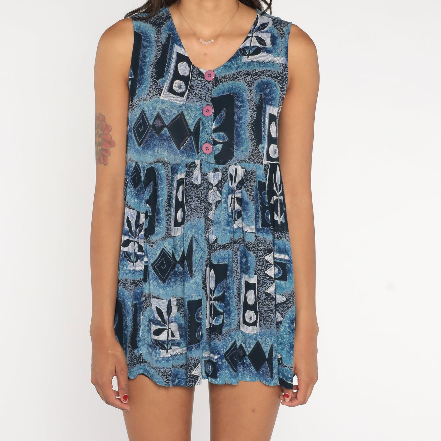 90s Blue Abstract Geometric Mini Dress Empire Waist Sleeveless Medium M
