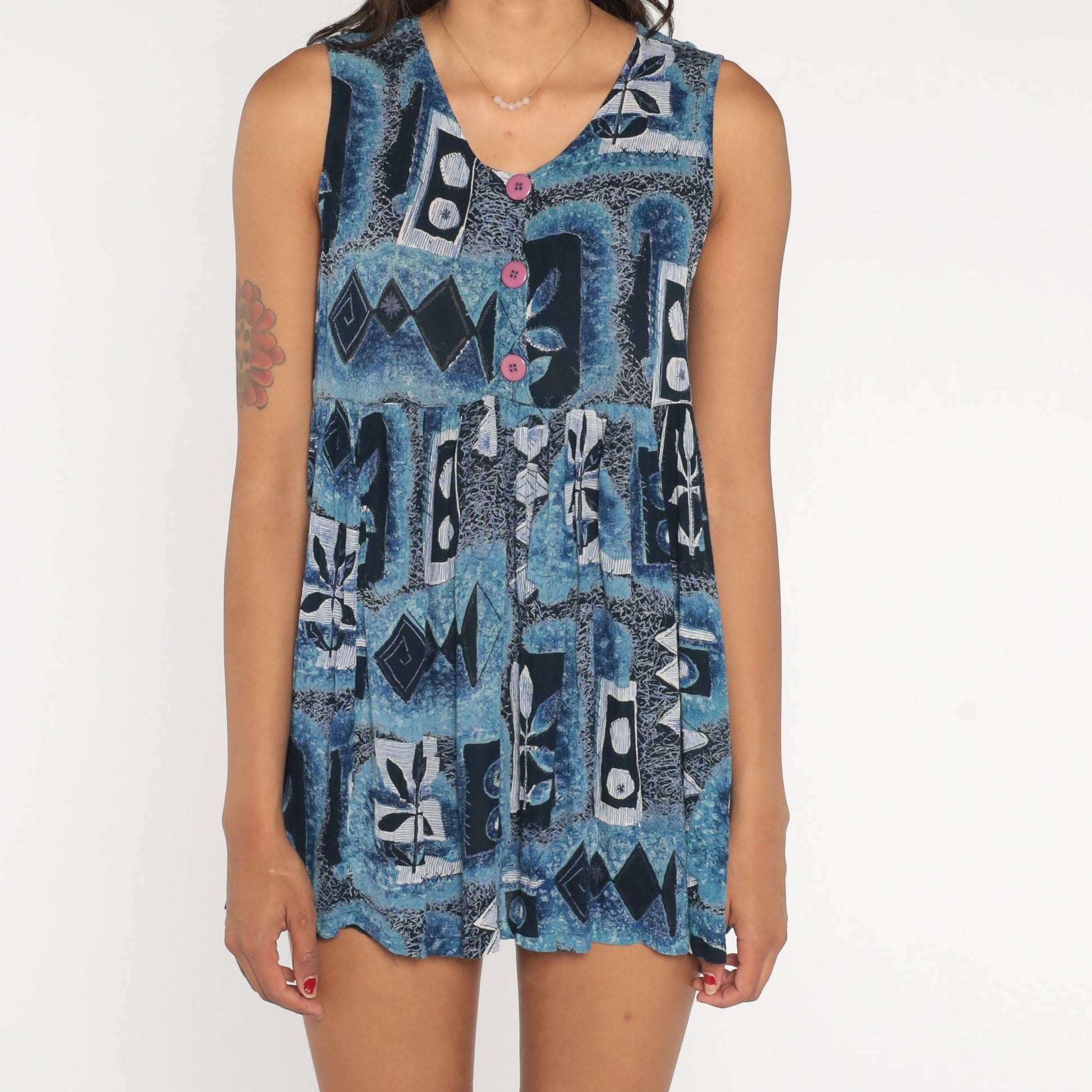 90s Blue Abstract Geometric Mini Dress Empire Waist Sleeveless Medium M