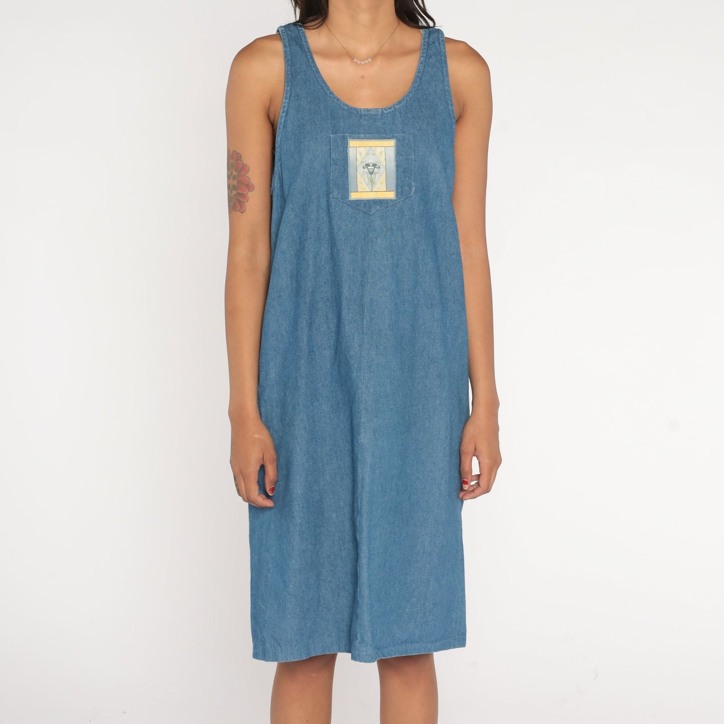 90s Blue Denim Midi Dress Flower Patch Sleeveless Cotton Medium M