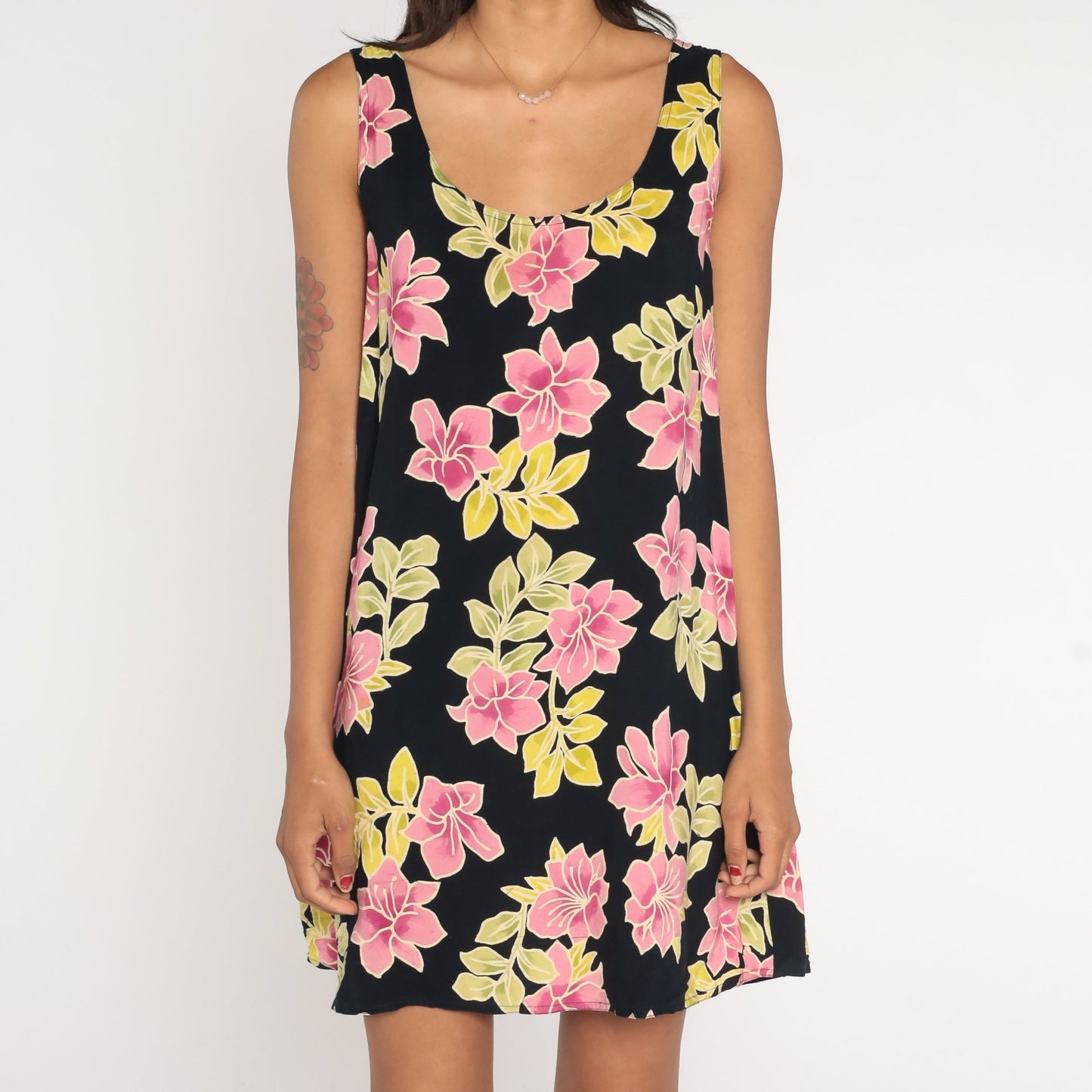 90s Black Tropical Floral Mini Dress Sleeveless Sundress Hibiscus Large L