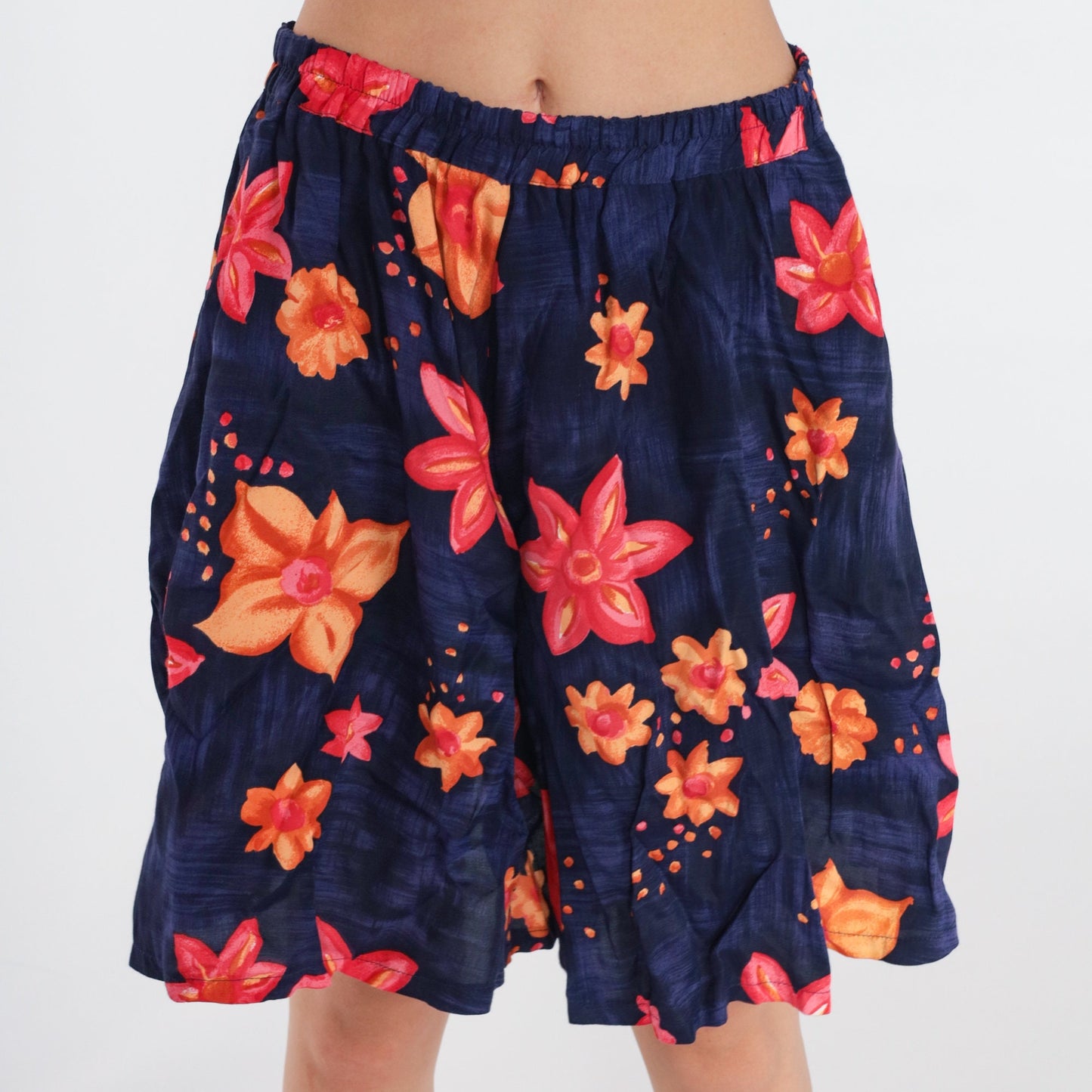 90s Tropical Floral High-Waisted Shorts Wide Leg Purple Print Small