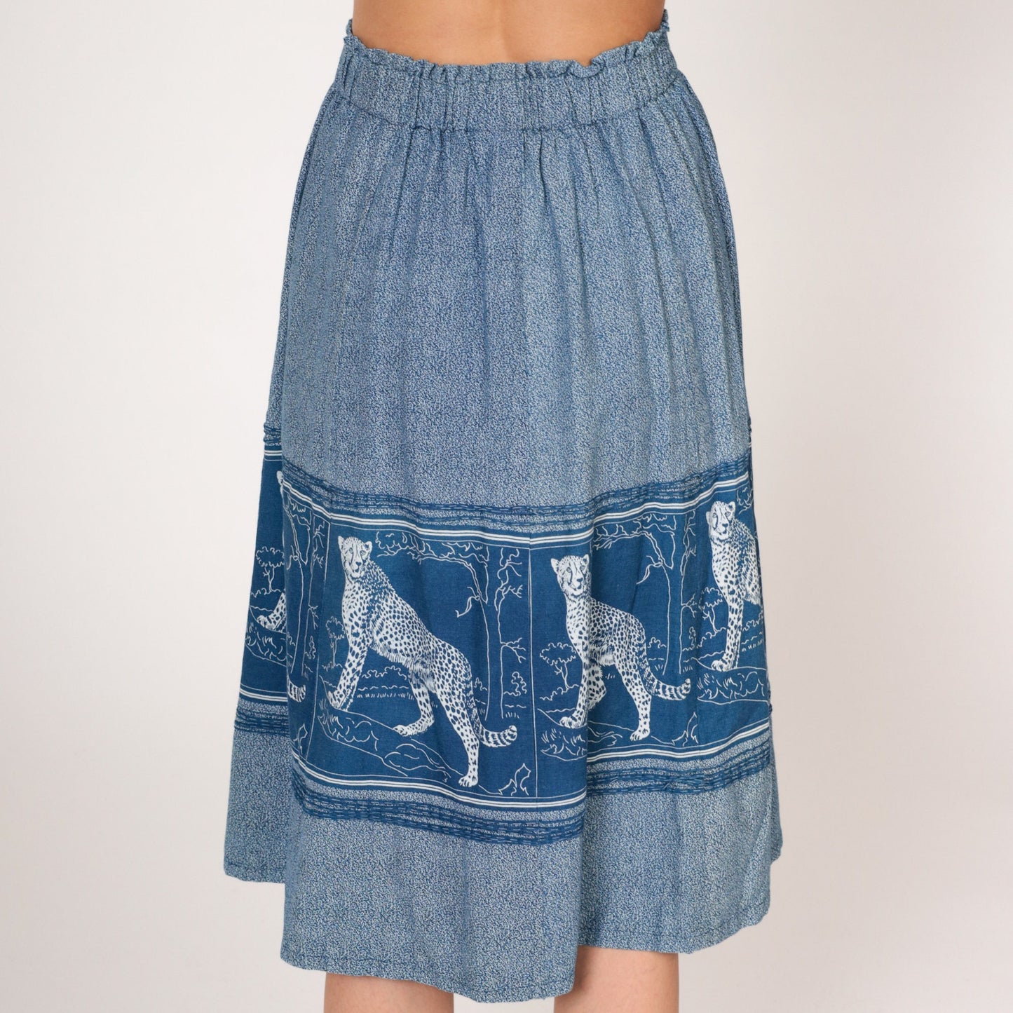 80s Leopard Print Midi Skirt Blue Jungle Cat A-Line High Waist Extra Small