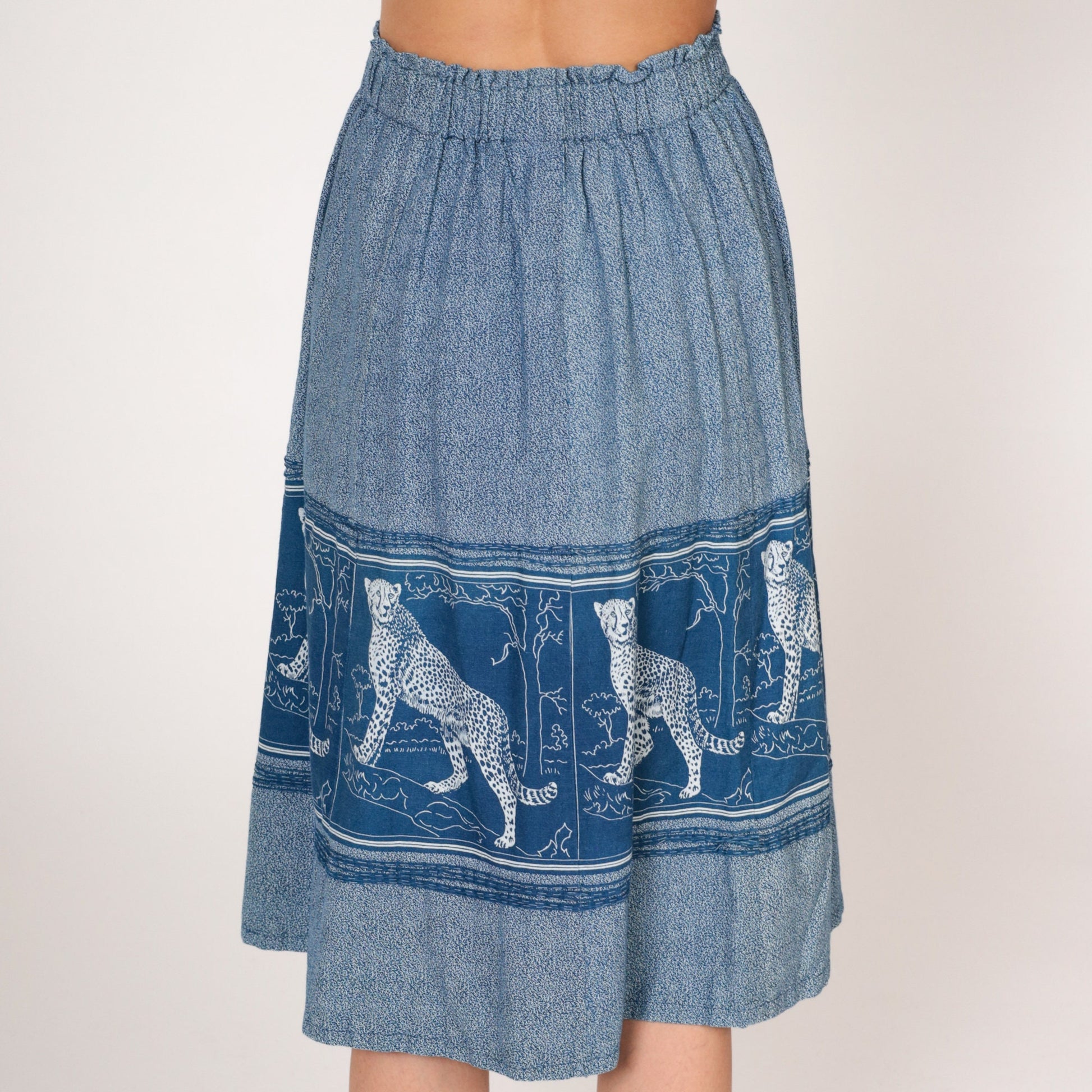 80s Leopard Print Midi Skirt Blue Jungle Cat A-Line High Waist Extra Small