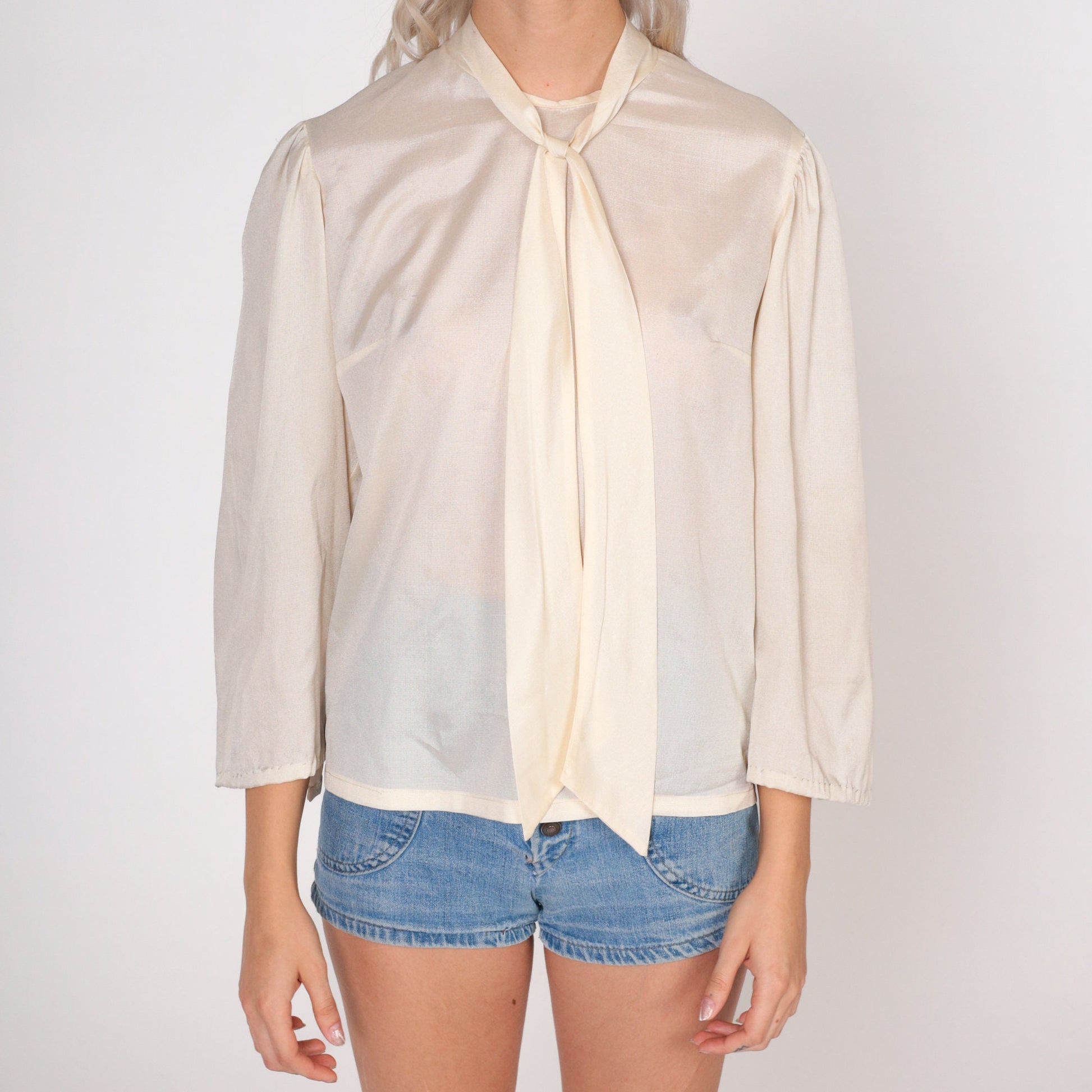 70s Necktie Blouse Cream Long Sleeve Button Back Shirt Small