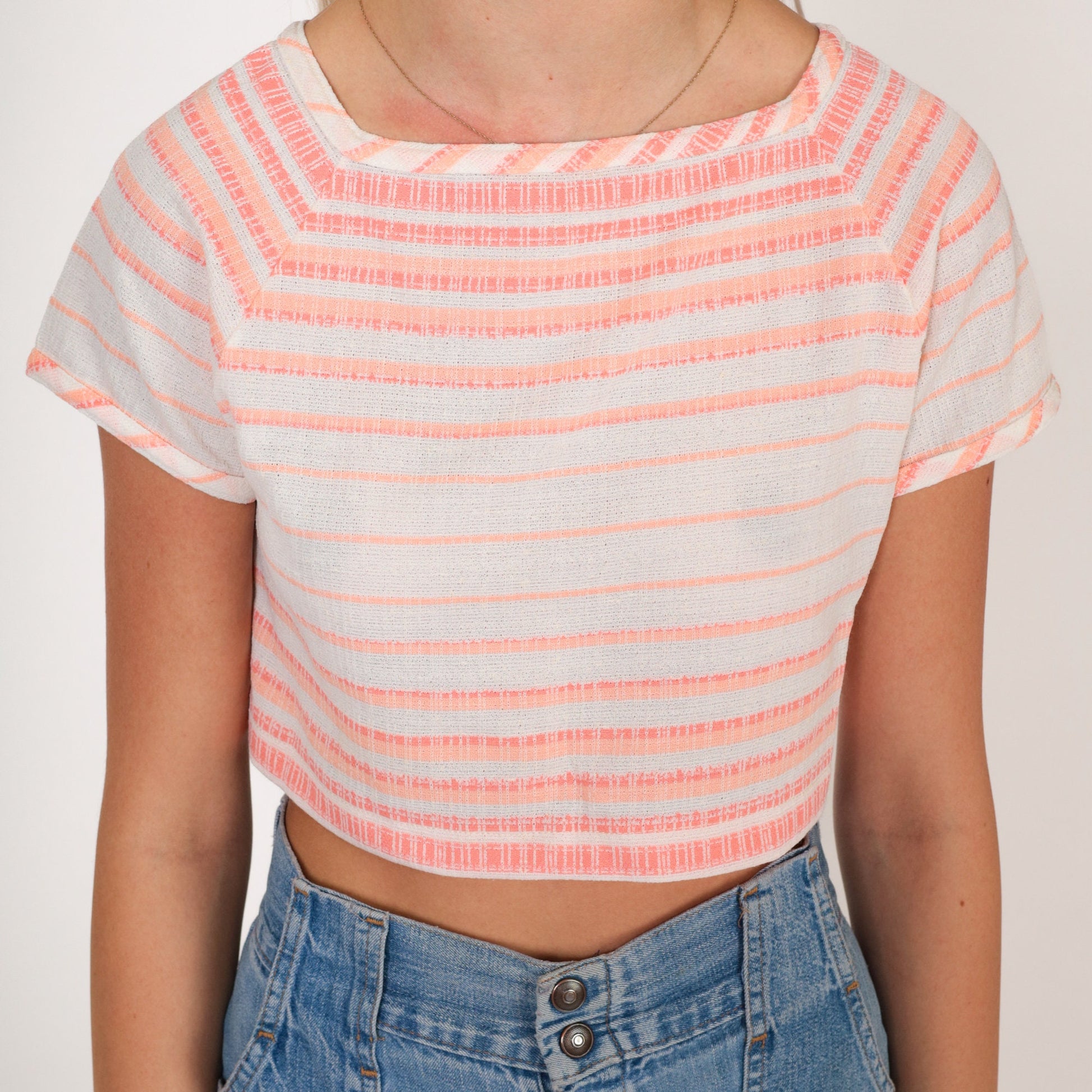 70s Catalina Striped Crop Top White Pink Orange Short Sleeve Extra Small