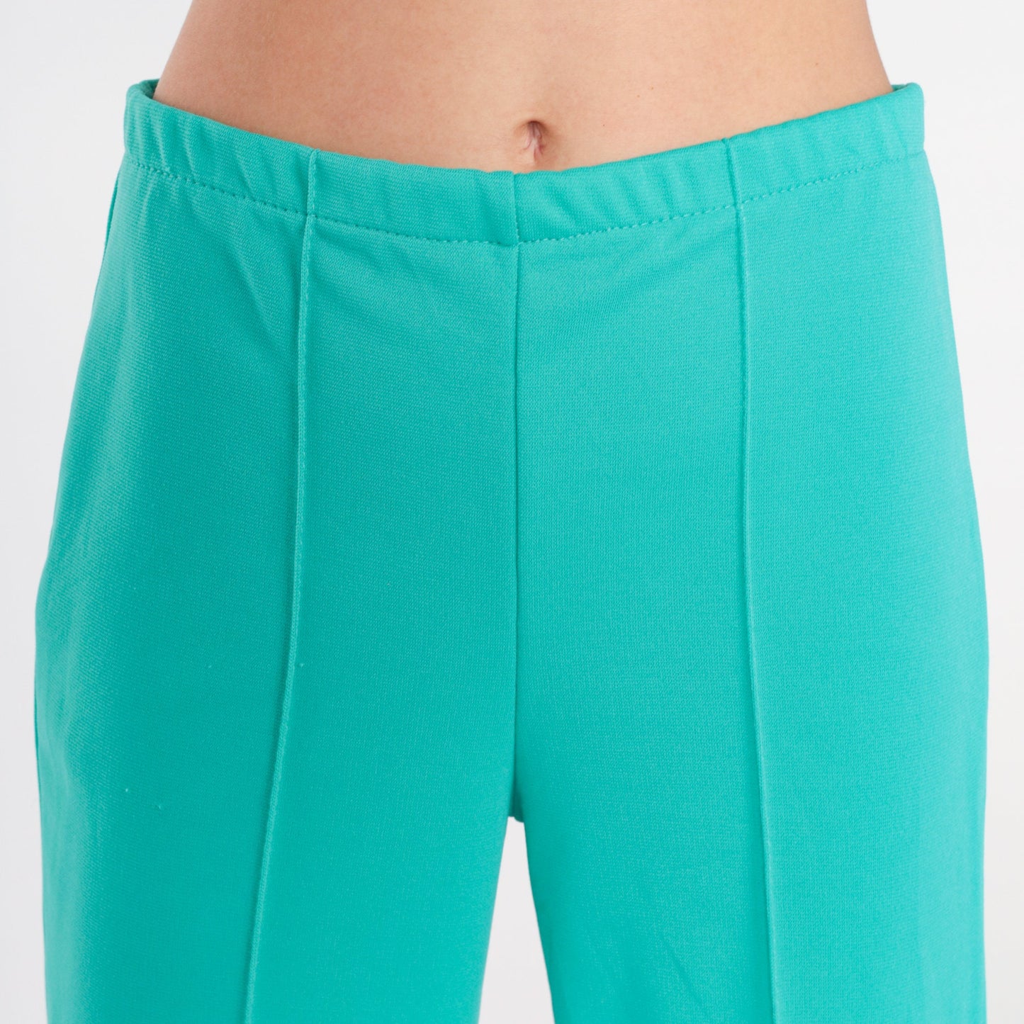 70s Turquoise High-Rise Straight Leg Trousers Elastic Waist Creased Medium