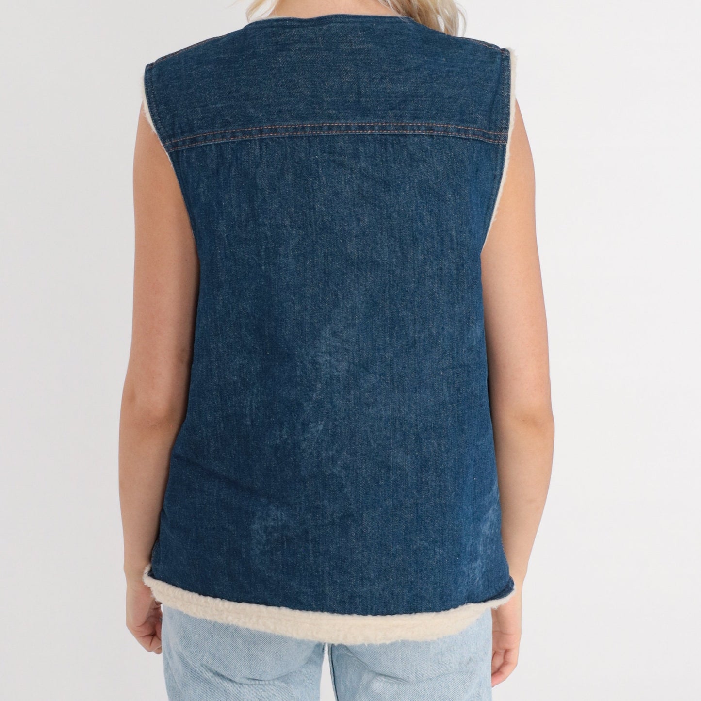 80s Osh Kosh B'Gosh Denim Vest Faux Sherpa Lining Blue Button-Up Large L