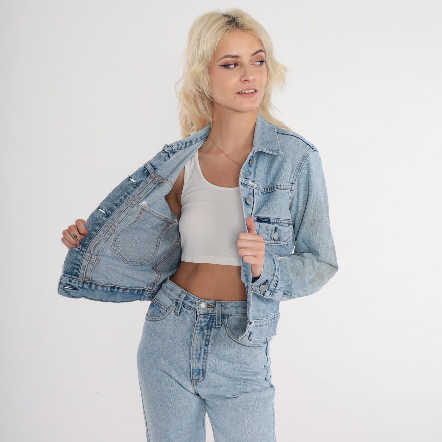 Guess Y2K Distressed Denim Jacket Cropped Blue Medium M
