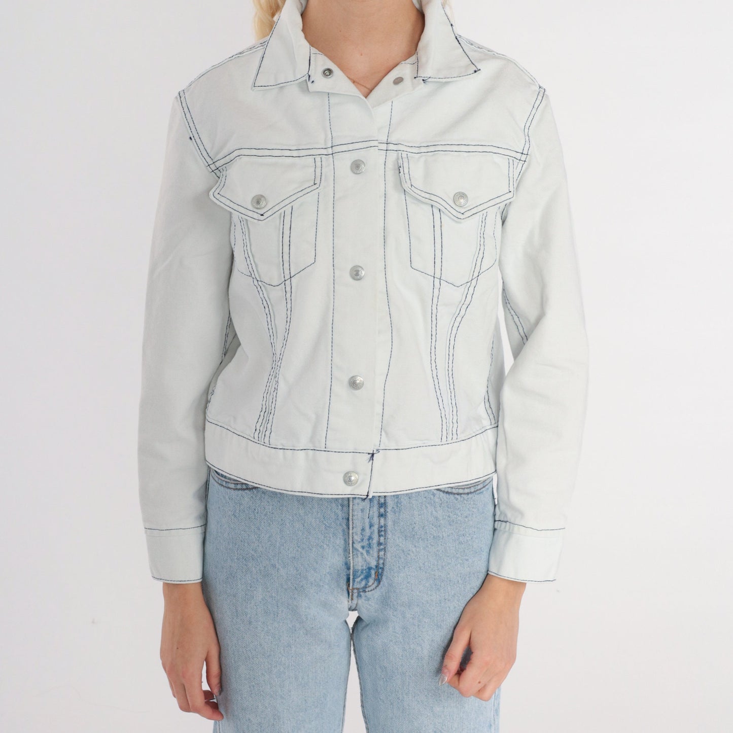 80s Levi's Denim Jacket White Stone Wash Cropped Button Up Extra Small