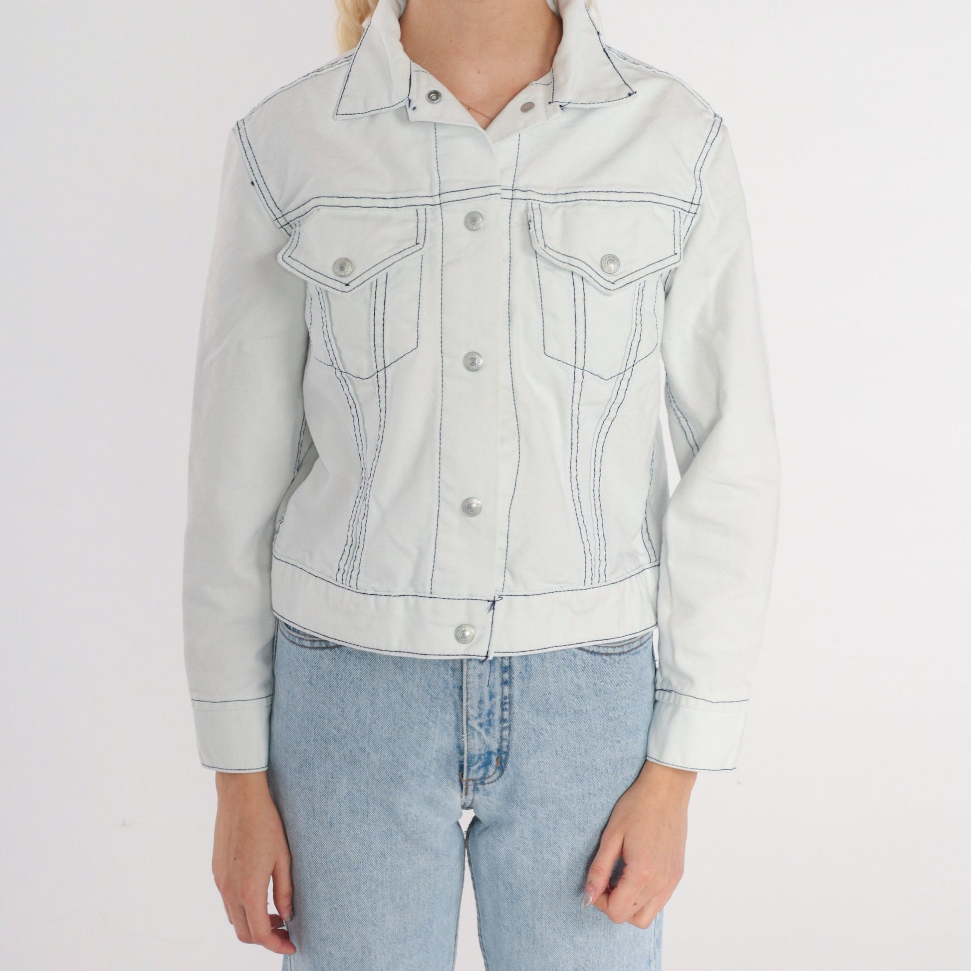 80s Levi's Denim Jacket White Stone Wash Cropped Button Up Extra Small