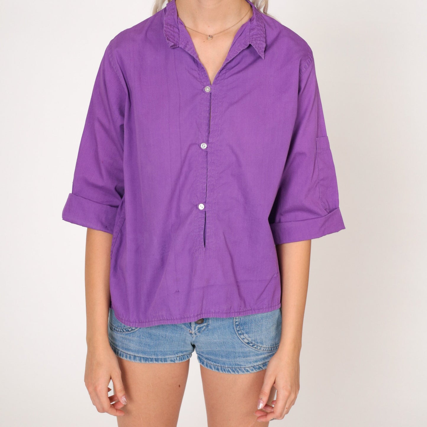 80s Cancun Embroidered Purple Button-Up Blouse Tropical Sailboat Cotton Small