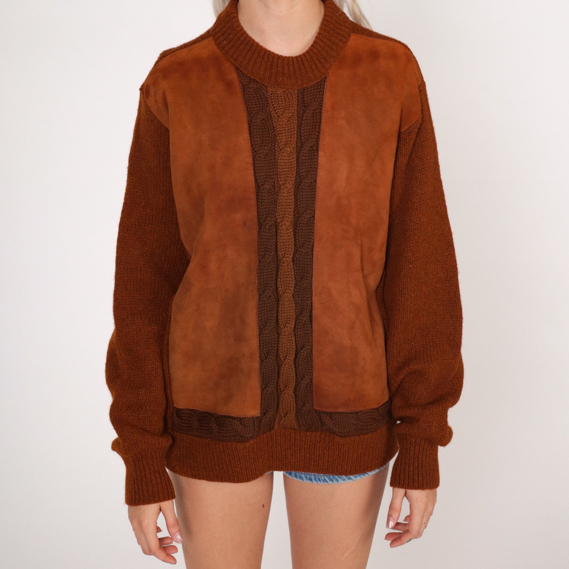 70s Cabot Brown Wool Cable Knit Sweater Faux Suede Panel Crewneck Medium