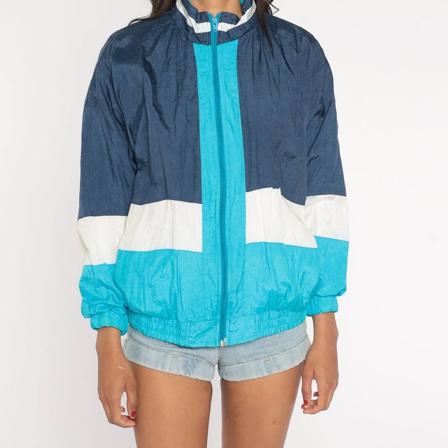 90s Striped Windbreaker Jacket Aqua Navy Blue White Colour Block Medium