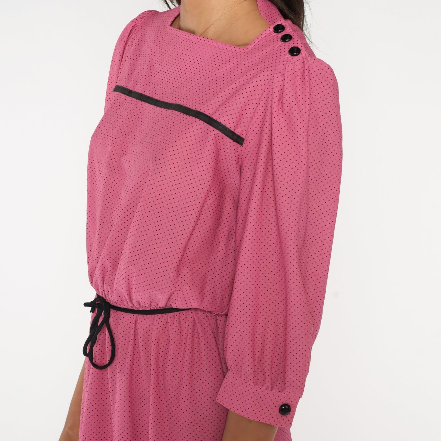 70s Pink Polka Dot Midi Dress Puff Sleeve High Waist Belted Small