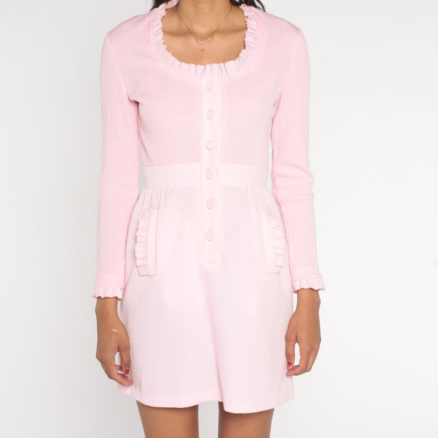 1970s Light Pink Mini Dress Long Sleeve Ruffled Button-Up Small S