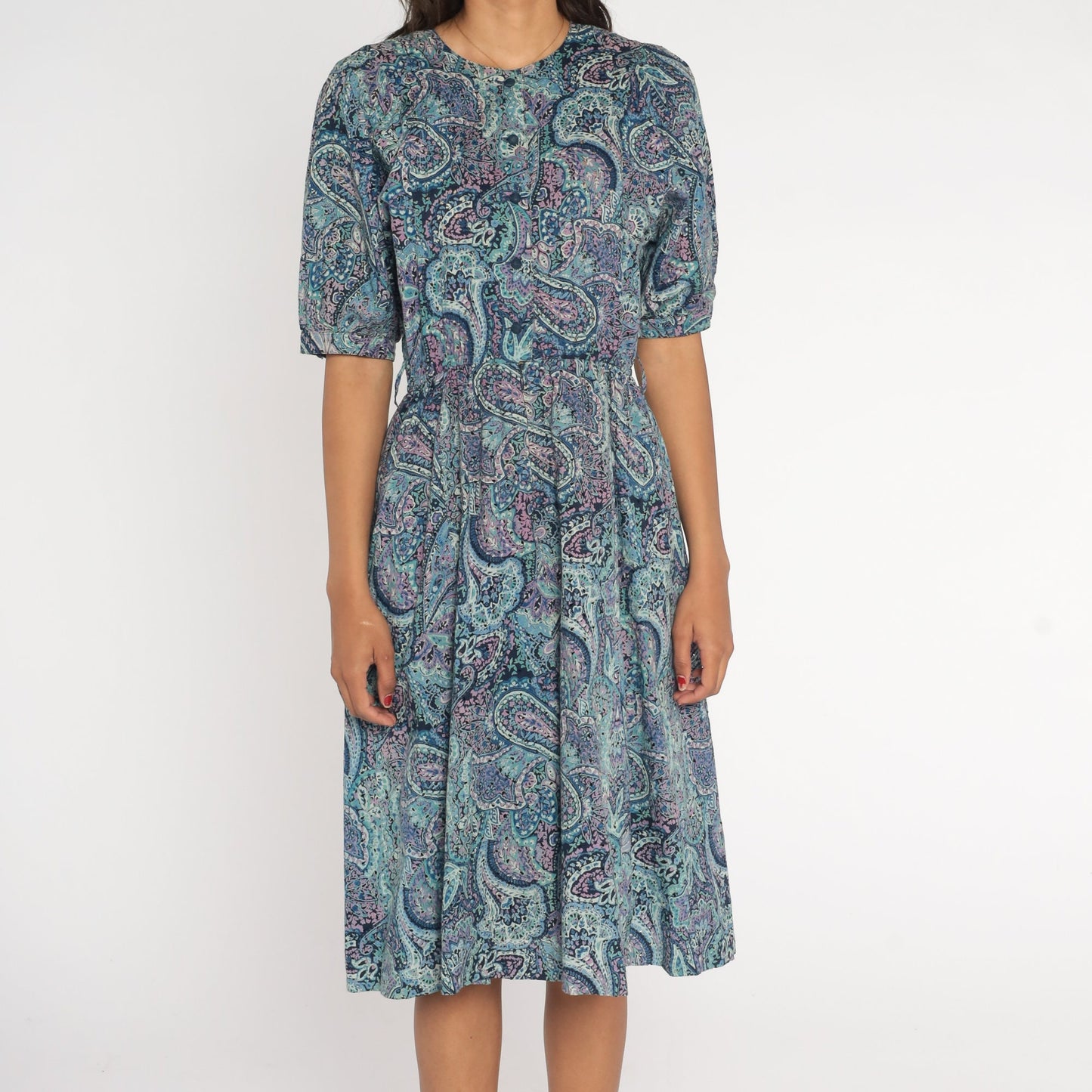 80s Blue Paisley Midi Shirtwaist Dress High Waisted Pleated Short Sleeve Medium