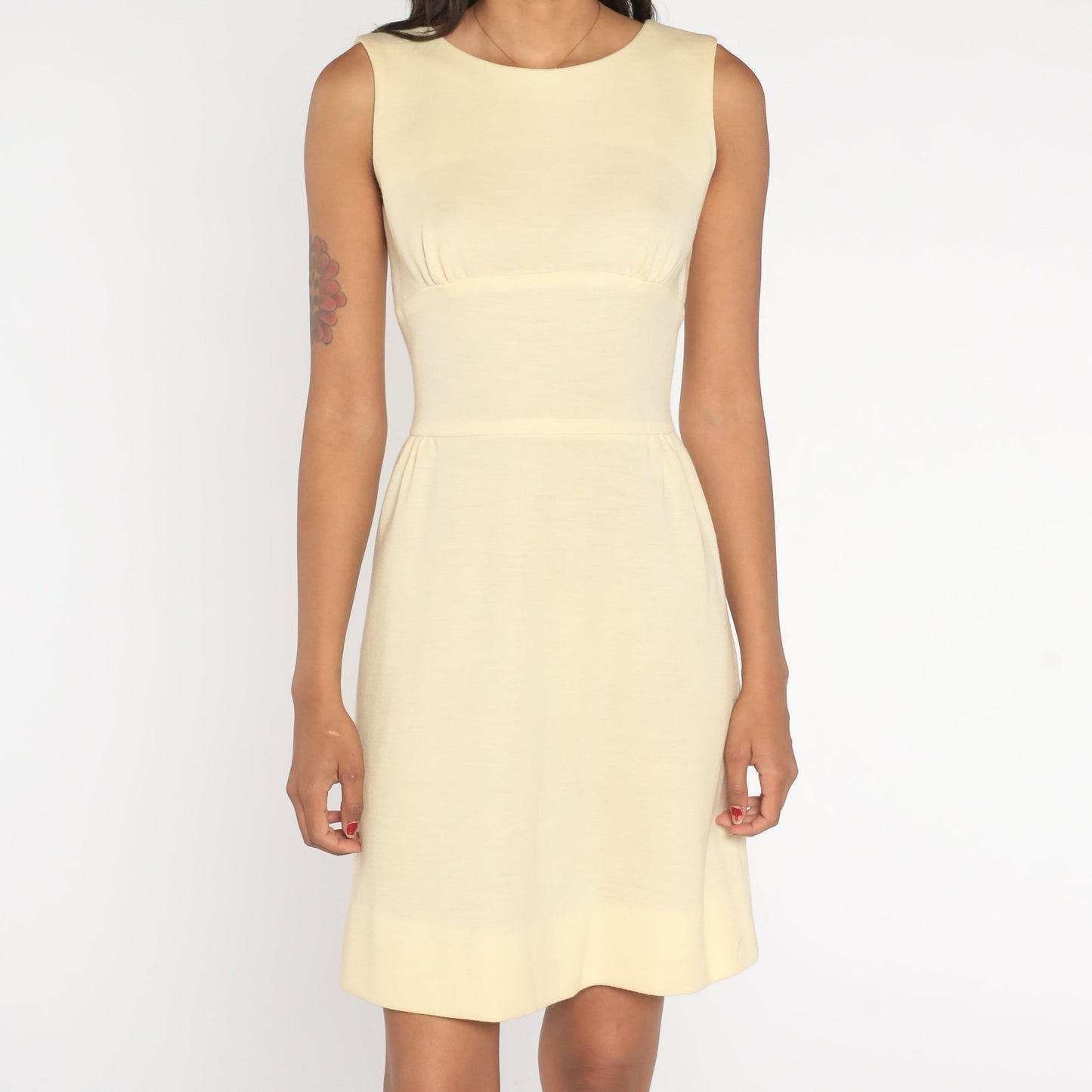 60s Cream Mini Dress Sleeveless Empire Waist Mod Shift Extra Small
