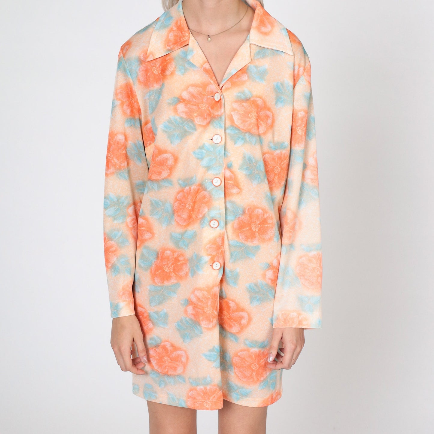 70s Orange Floral Mini Shift Dress Button-Up Long Sleeve Medium Large