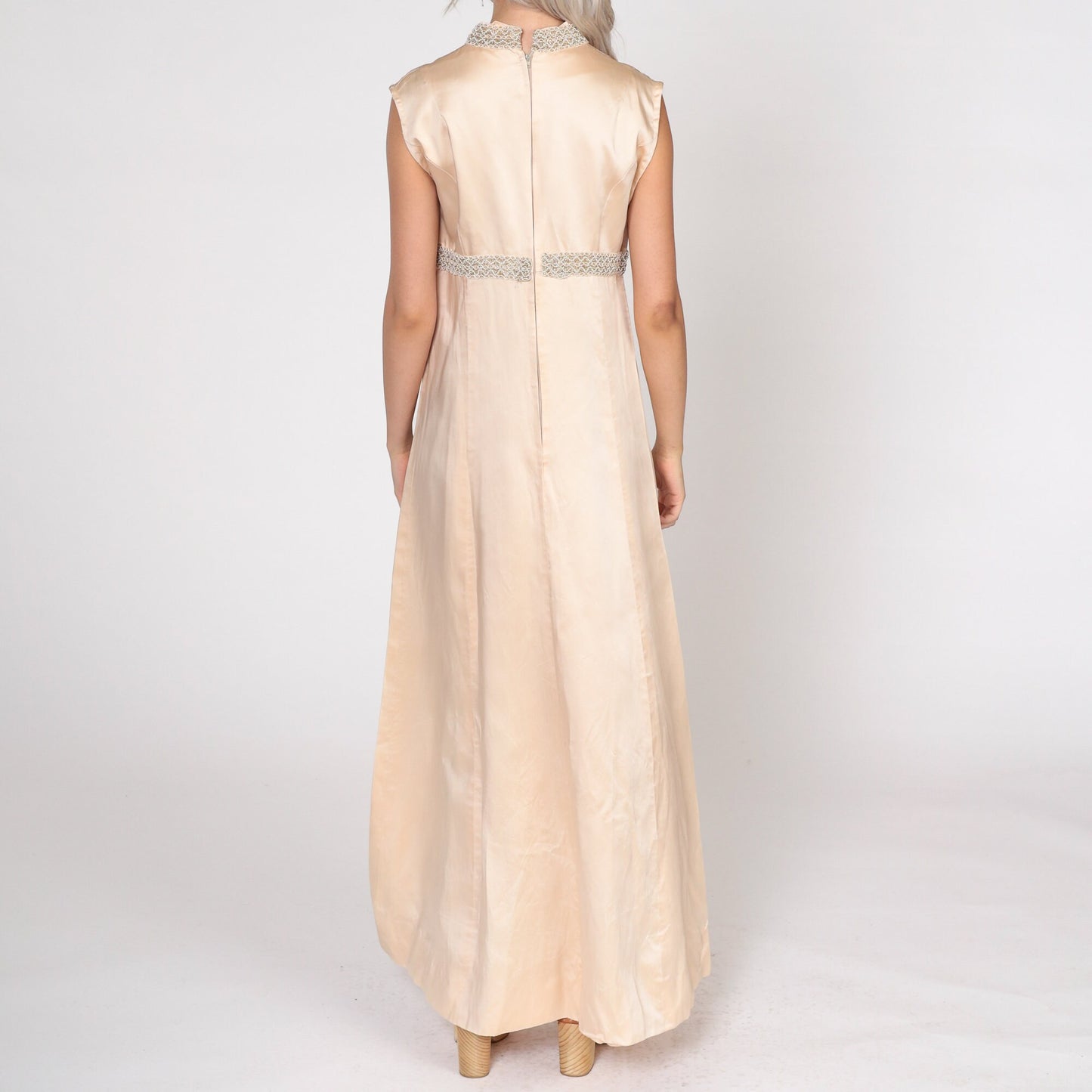 60s Champagne Beaded Maxi Dress Empire Waist Sleeveless Small S